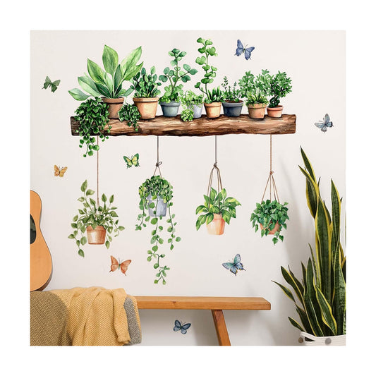Plant Wall Decals 3D Bonsai Tropical Plant Butterfly Wall Sticker Creative Vinyl Peel / Green