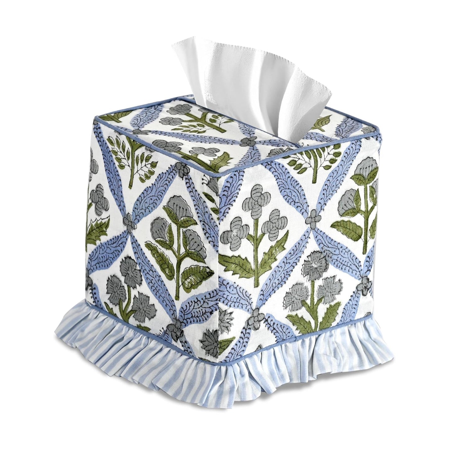 Block Print Ruffle Tissue Box Cover Handmade Cotton Decorative Square Napkin / Light Steel Blue