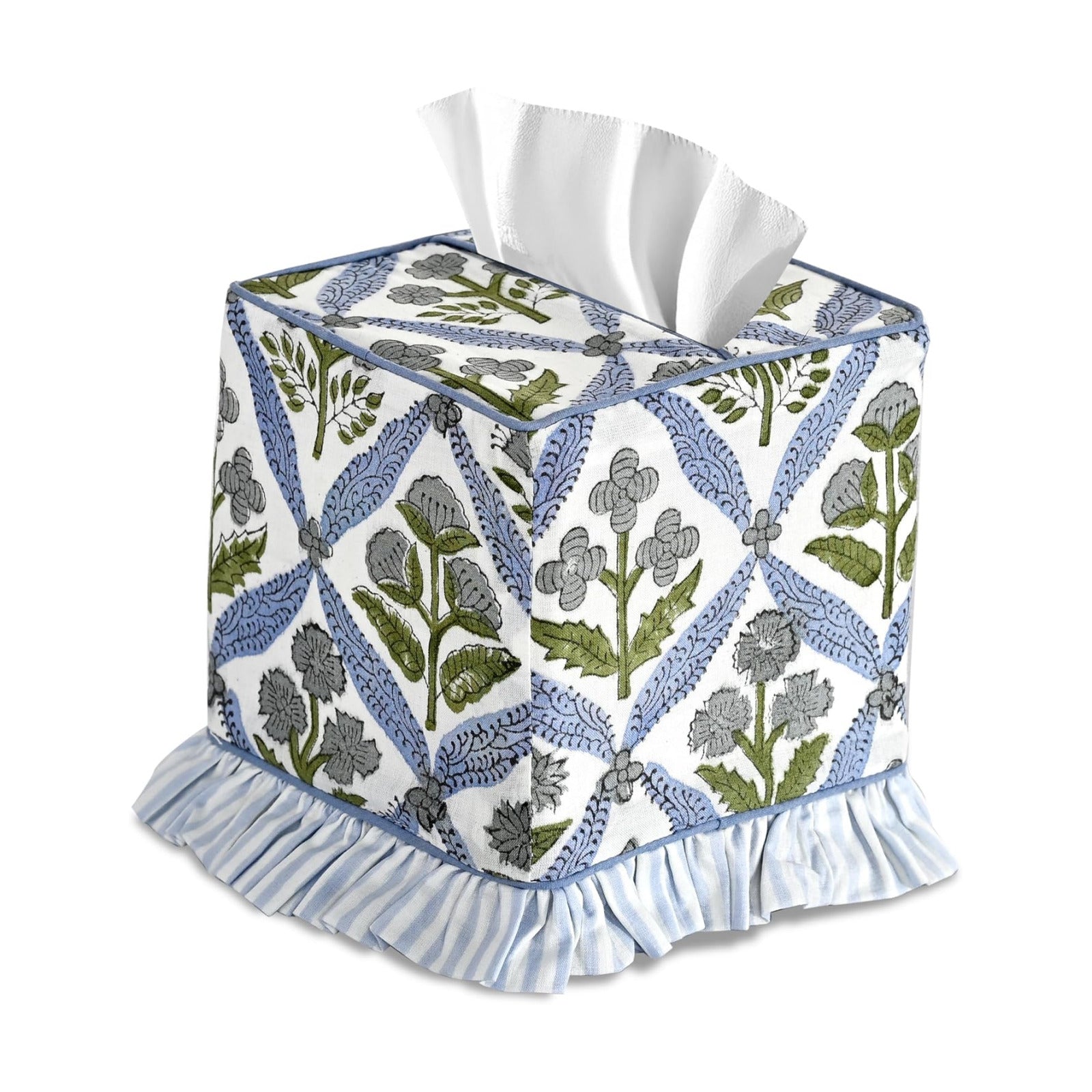 Block Print Ruffle Tissue Box Cover Handmade Cotton Decorative Square Napkin / Light Steel Blue