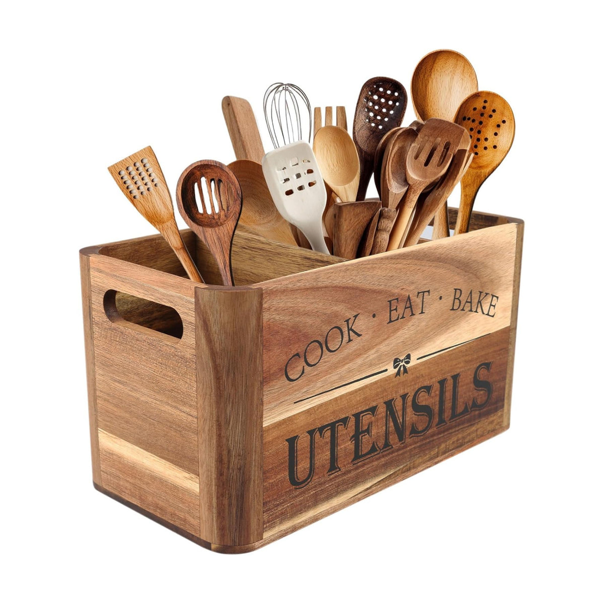 Utensil Holder for Kitchen Countertop - Extra Large 3 Compartment Wooden Organizer in Acacia Wood, Storage for Cooking