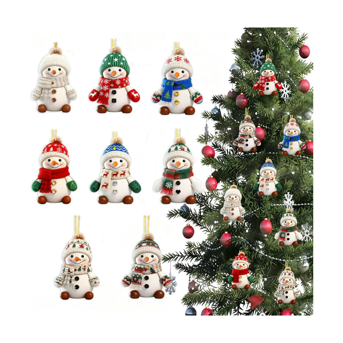 8 Pcs Christmas Snowman Ornaments 2D Acrylic Christmas Hanging Ornaments Decorations for Tree Cartoon White Snowman Wearing Hat Designs Xmas Hanging Pendant for Home Holiday Xmas Party Supplies