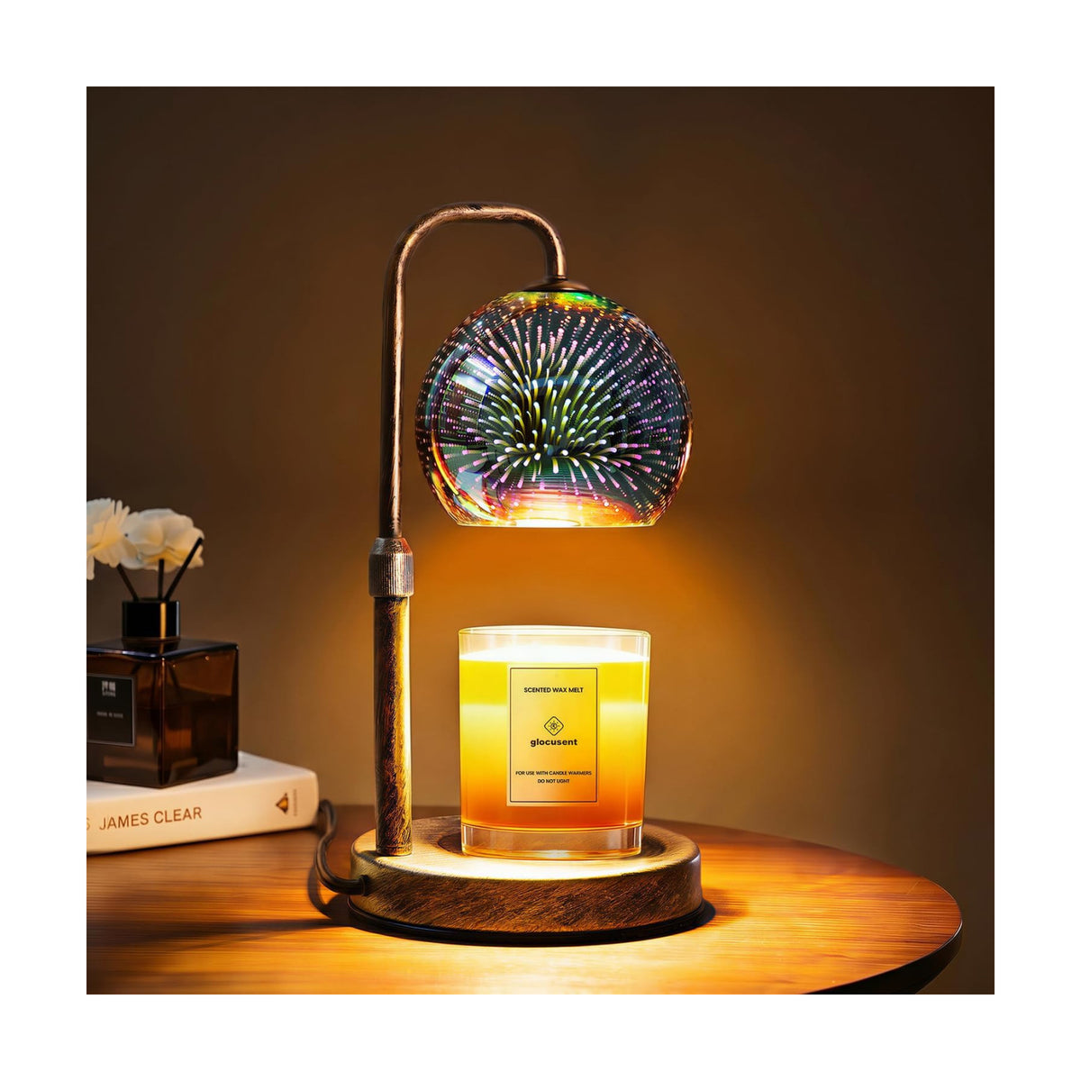 Glocusent Candle Warmer Lamp with Timer, Dimmable, Adjustable Retro 2 Bulbs | 3D Glass Globe with Firework Patterns