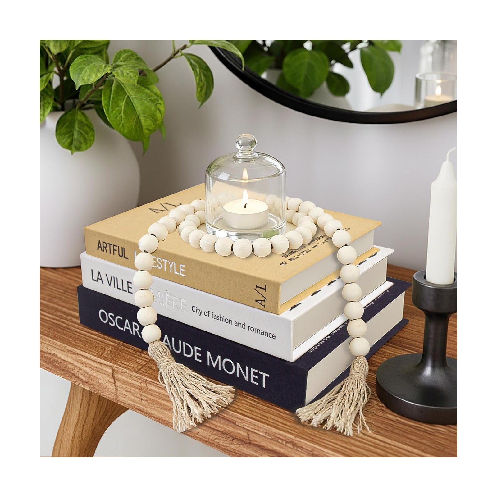Linen Fake Books for Decoration / Dark Blue W. Wooden Beaded / Set of 3
