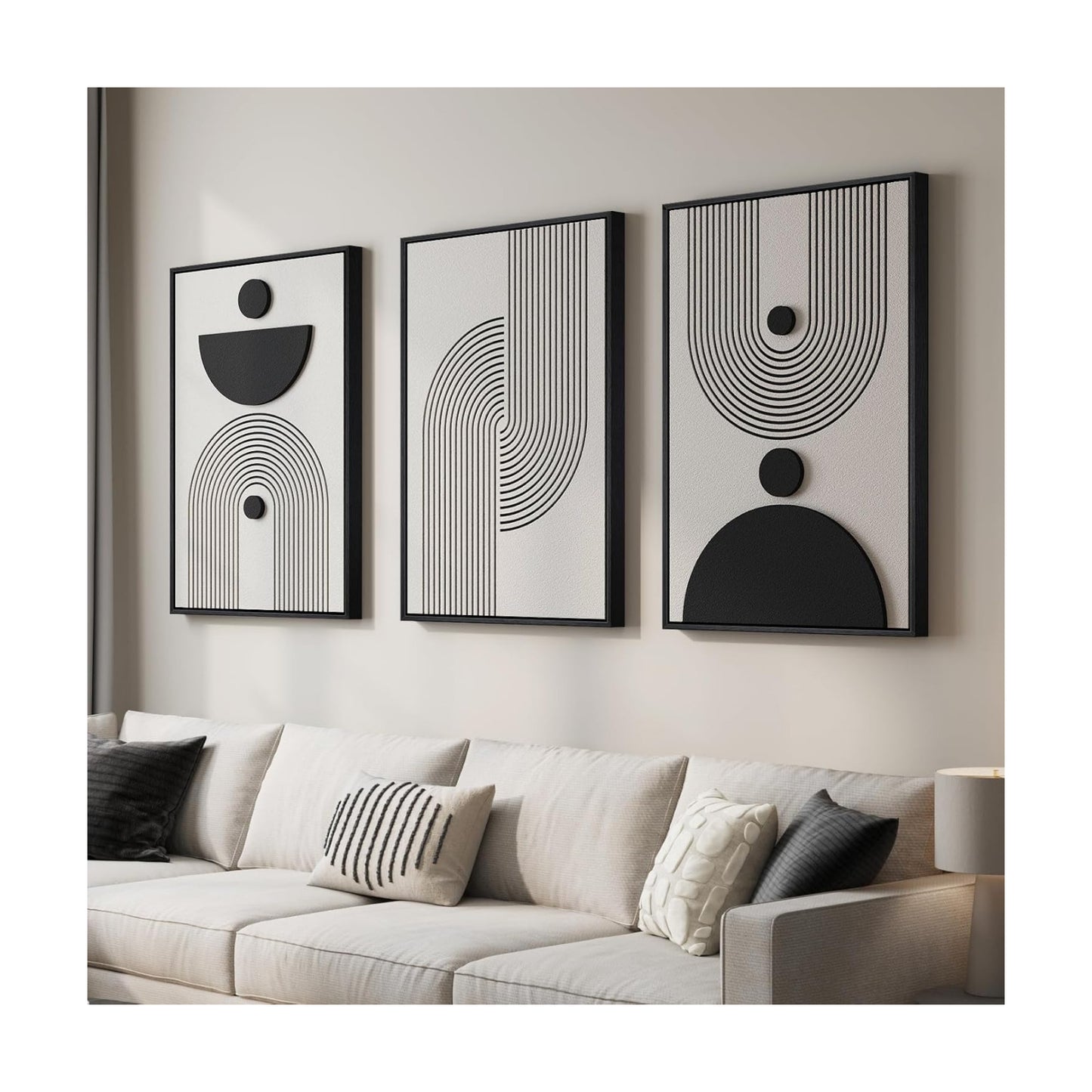 3D Large Framed Black and White Abstract Wall Art for Living Room, 3 Piece