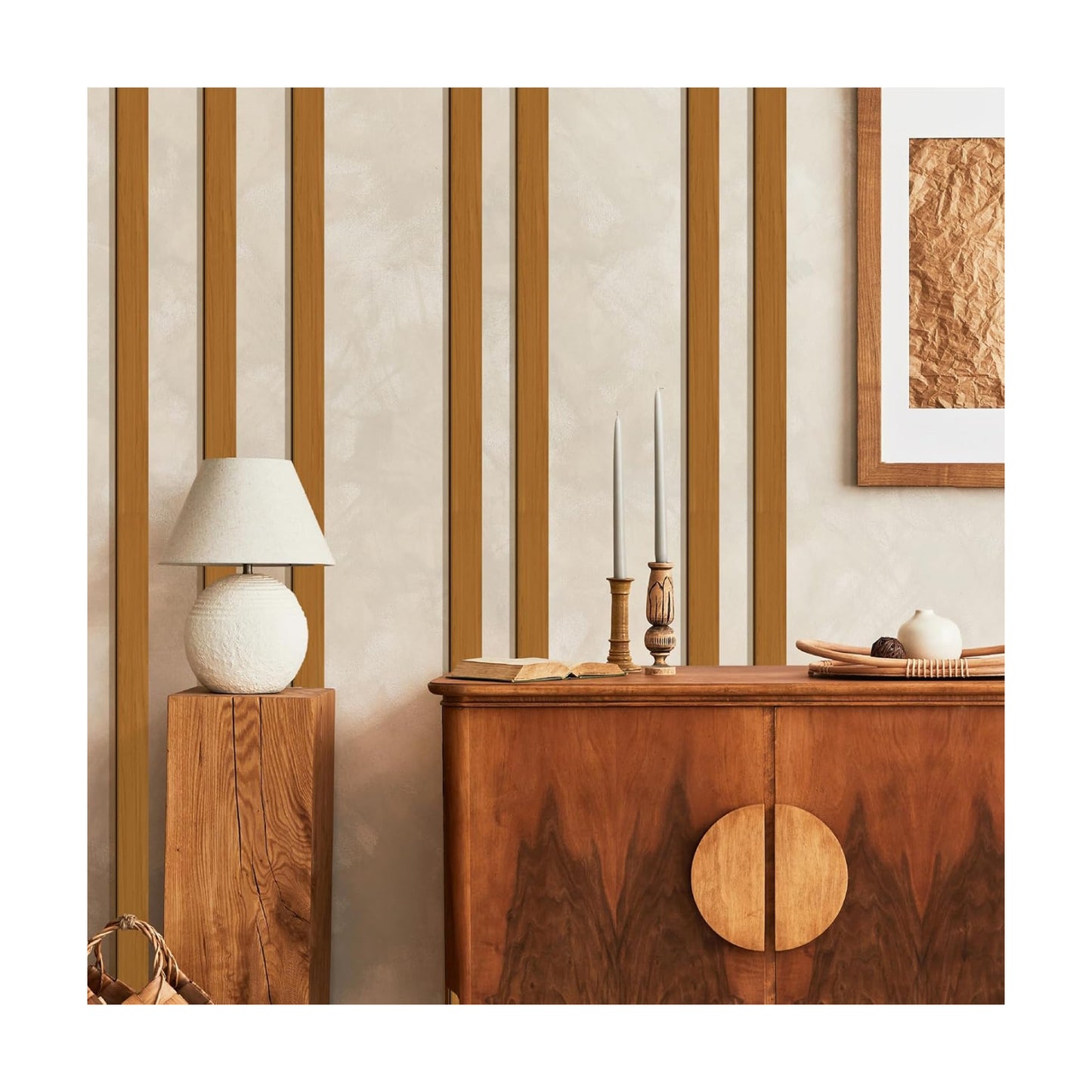 Large Rustic Wooden Wall Decor Striped Art Decoration Geometric Line Art / Wooden Brown / Set of 14