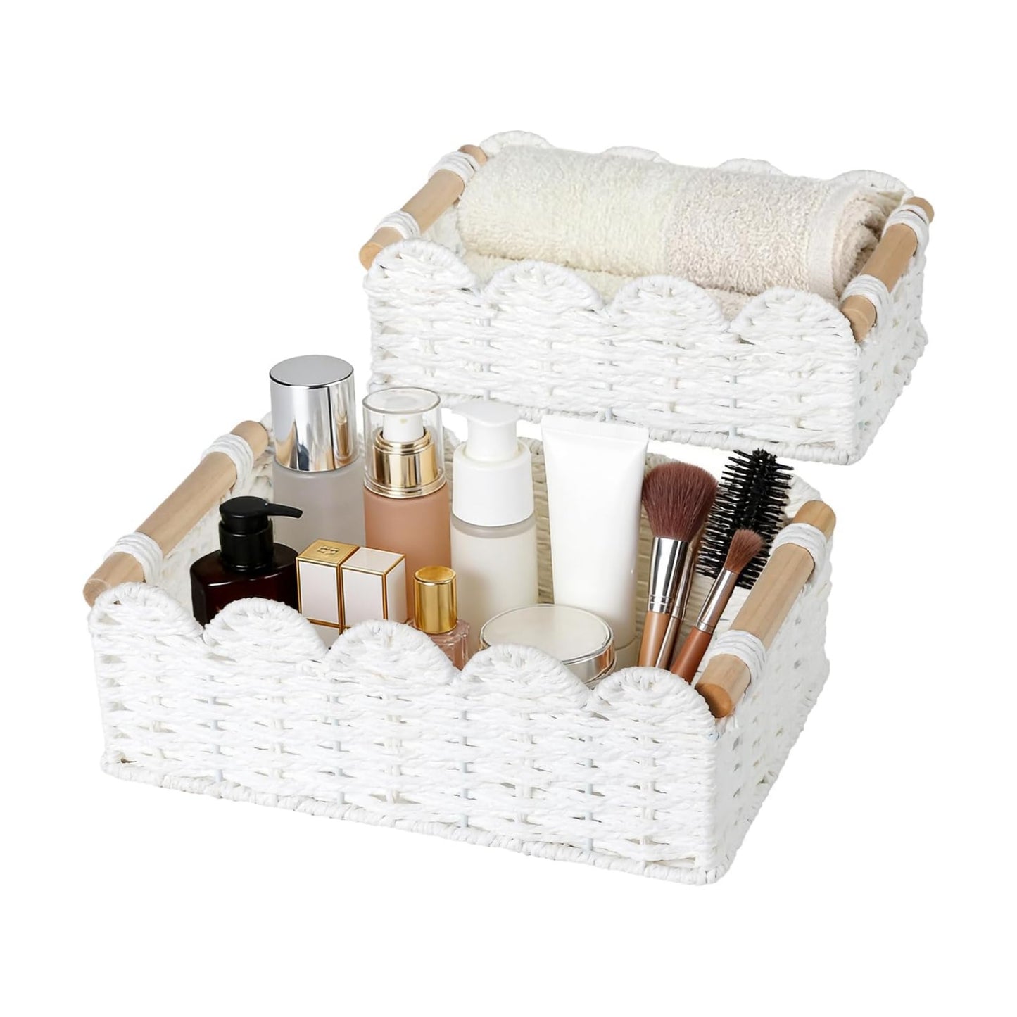 Wooden Handles Hand-Woven Organizer Bin / White-b / Set of 2