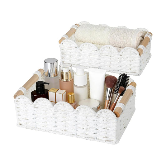 Wooden Handles Hand-Woven Organizer Bin / White-b / Set of 2