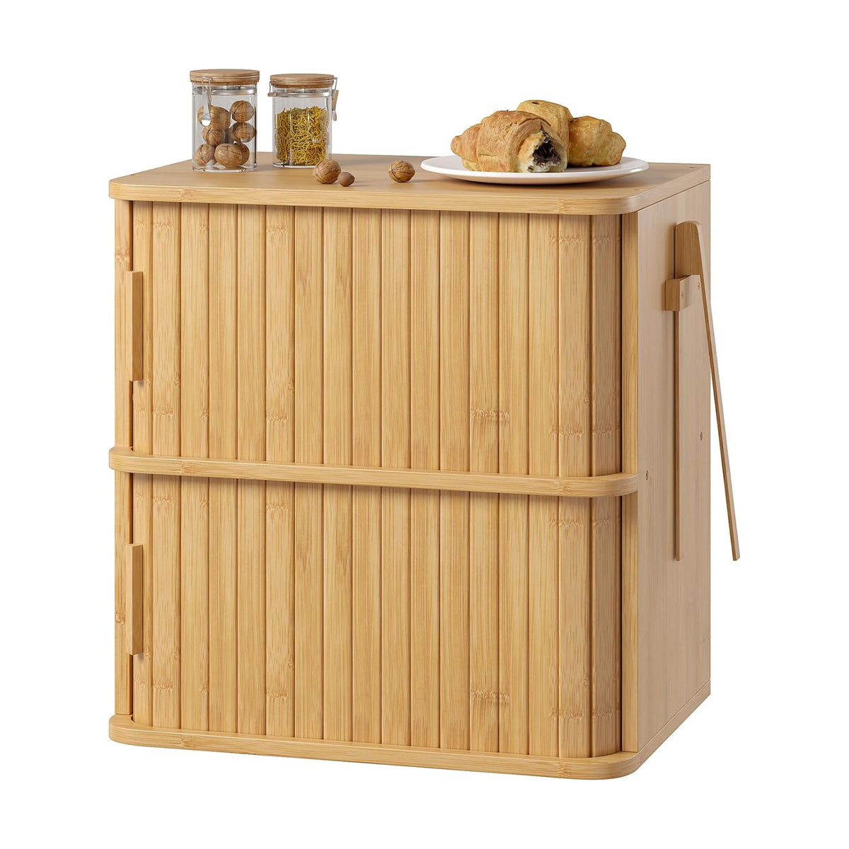 WOWLIVE 2-Tier Roll Top Bread Box for Kitchen Countertop Storage Cabinet | Double Layer Bamboo Bread Boxes with Sliding