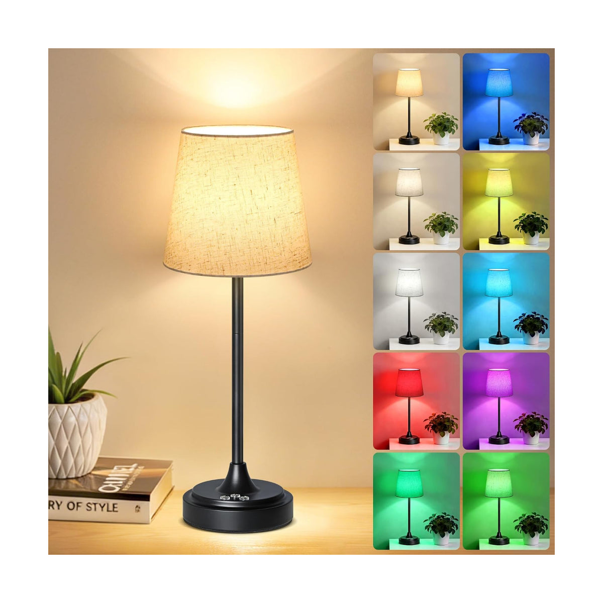Wowag Cordless Table Lamp Rechargeable,5000mAh Battery Operated Desk Lamp,3 Colors & 7 RGB Stepless Dimmable,Touch