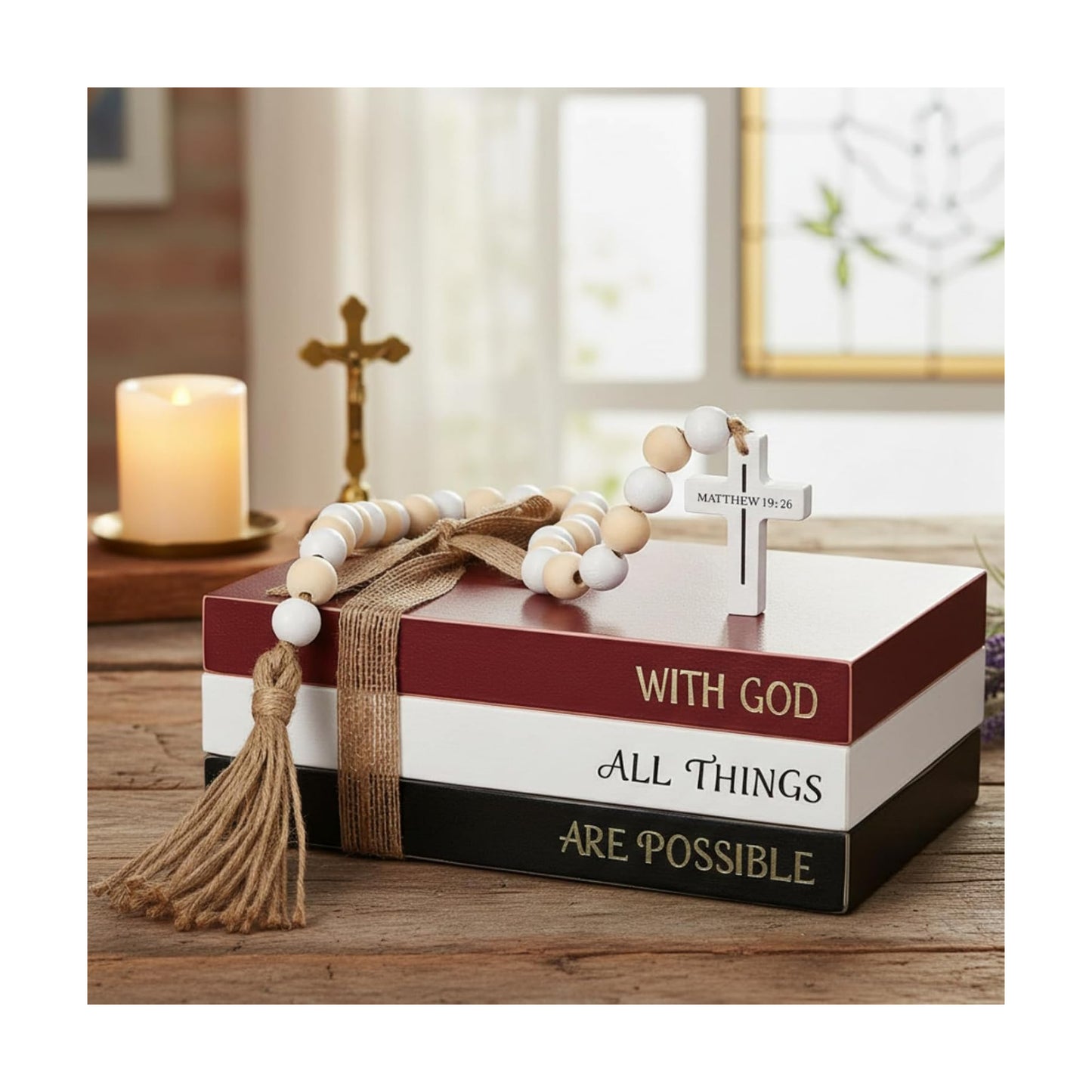 Wooden Farmhouse Decorative Books / Christian / White / Set of 4