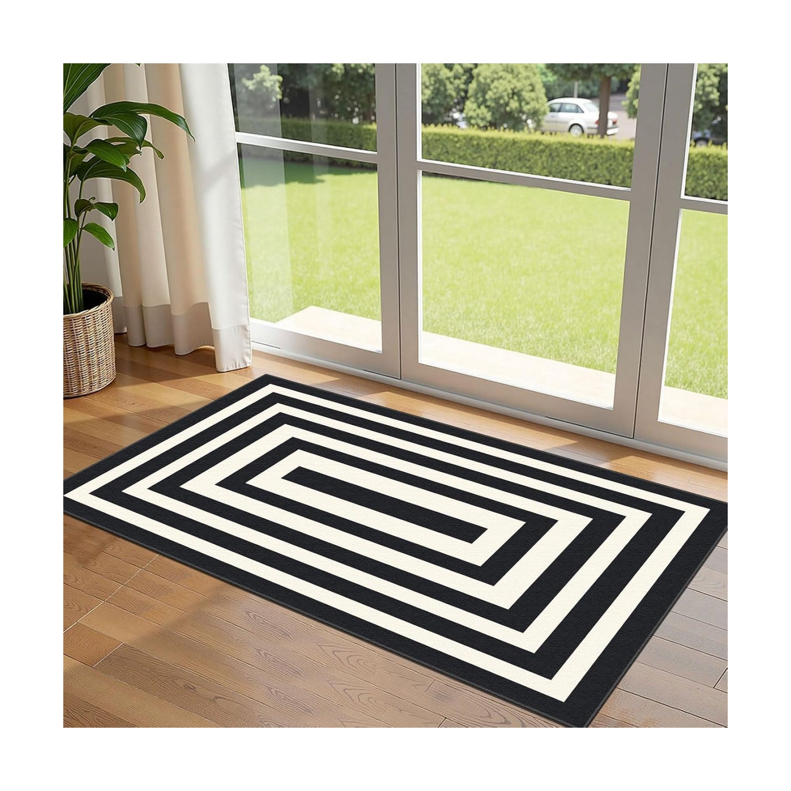 Front Door Mat Indoor Entrance 2x4.3 Modern Black White Striped Rug