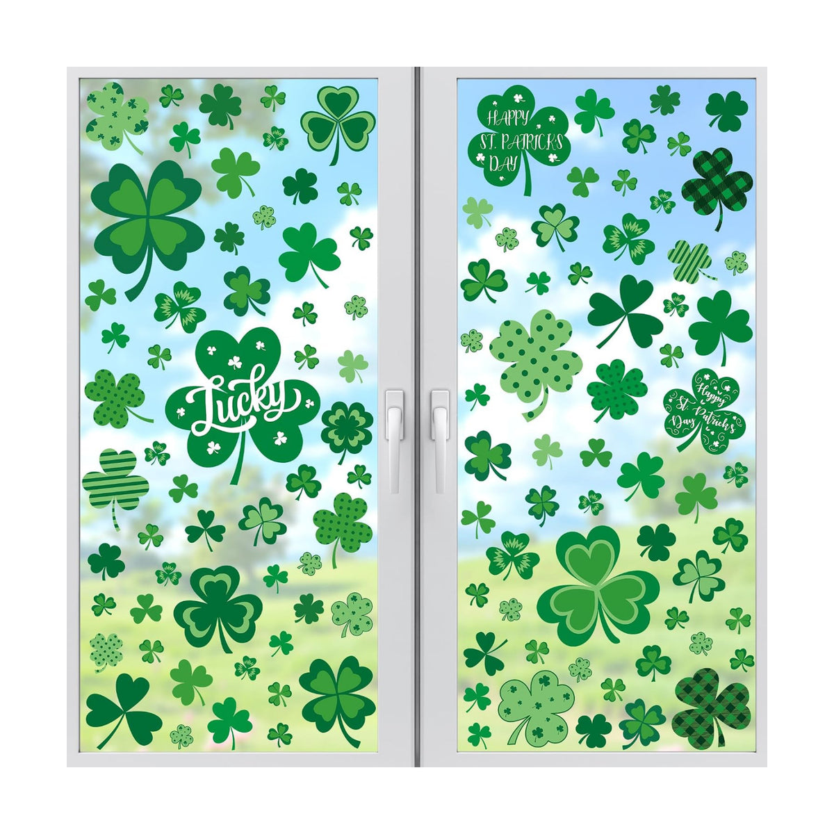 120 PCS St Patricks Day Decorations, 4 Sheets St Patricks Day Window Clings with Polka Dots Stripes Plaid Patterns, Double-Sided Green Party Decorations, Shamrock Window Clings for Home Decor