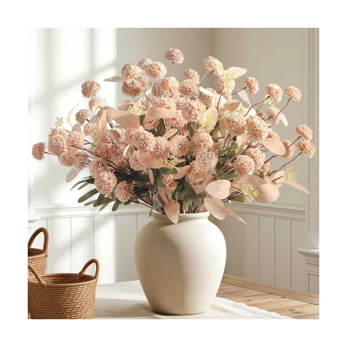 Alupssuc 32 Pcs Beige Faux Silk Mums, Fake Chrysanthemum for Vase