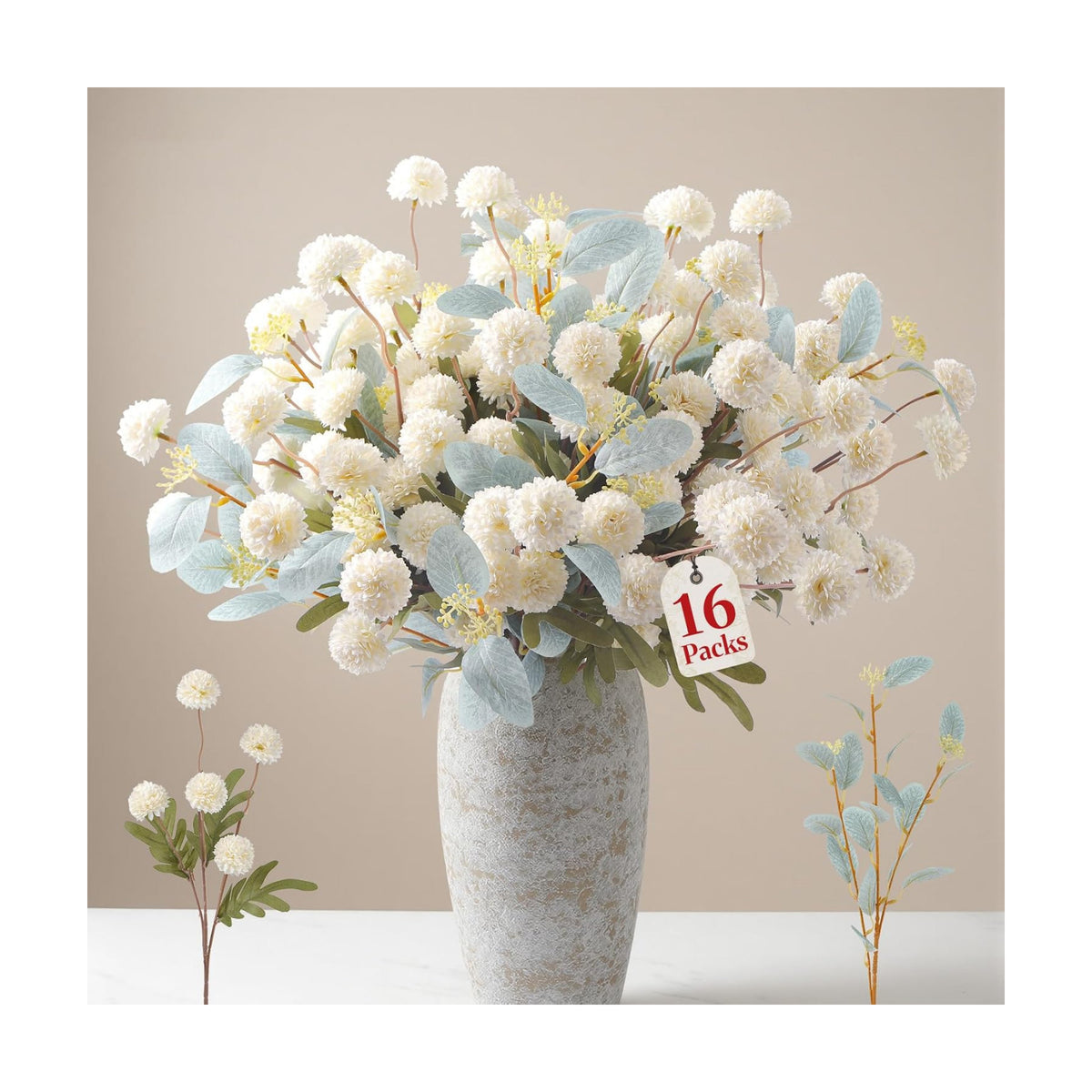 Alupssuc 16Pcs Faux Silk Mums Artificial Flowers with Eucalyptus White