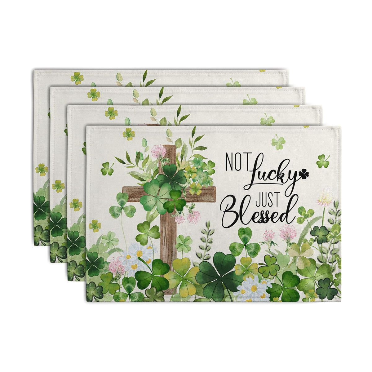 St Patricks Placemats Set of 4 St. Patrick's Day Cross Shamrocks Clover Linen Table Mats 12x18 Inch Spring Heat Resistant Washable Place Mat for Kitchen Dining Home Party Decor