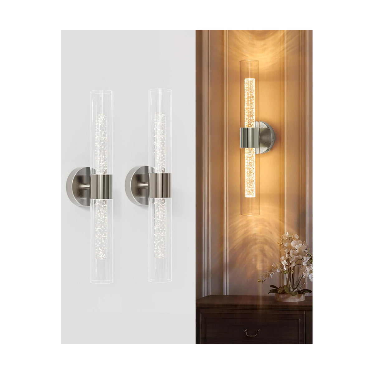 Nickel Wall Sconces Battery Operated with Remote Control, 21.5 Inch 3CCT | Rechargeable Wall Sconce with Timer