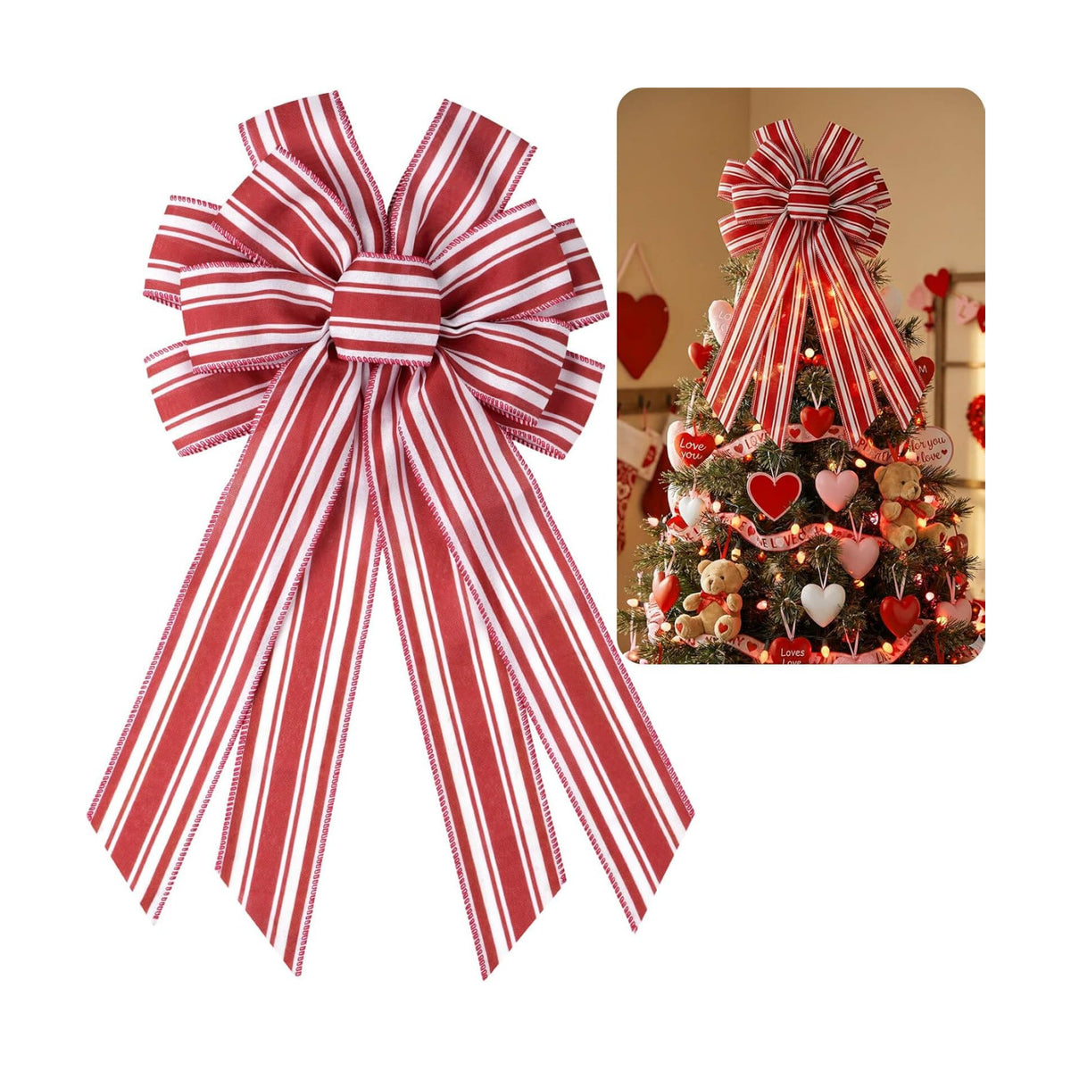 Red White Striped Wreath Bow for Front Door, 20.87 x 11.42 Inch Large Premade Valentine's Day Holiday Bows, Valentines 4th July Decorate