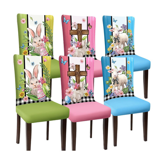 Easter Chair Covers Set of 6 Watercolor Flower Cross Bunny Egg Rabbit Sheep Seat Covers Dining Chair Slipcover Protector for Spring Home Kitchen Decor