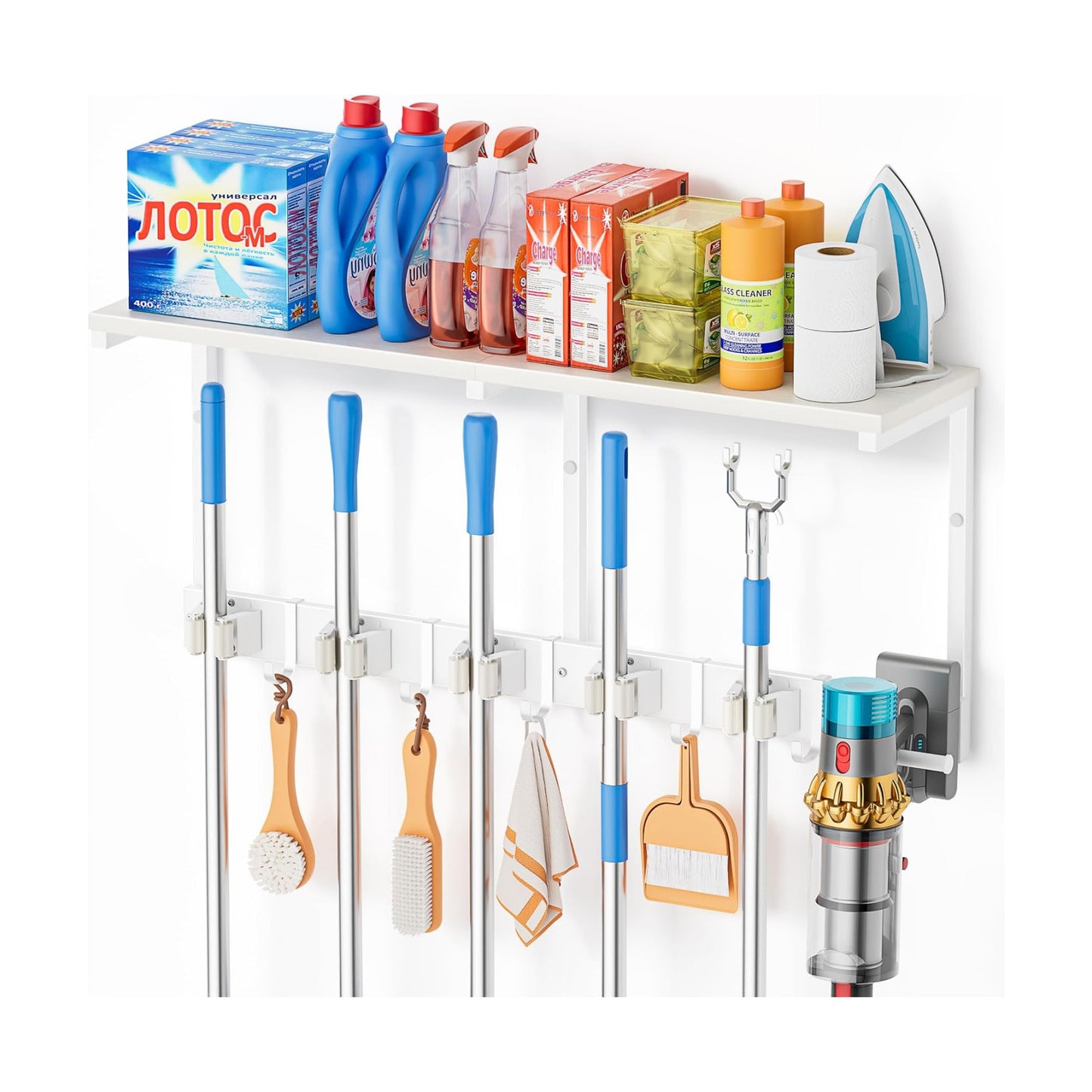 Broom Holder Wall Mount with Cleaning Supplies Organizer, Laundry Room Organization and Storage Shelf with Mop Hanger