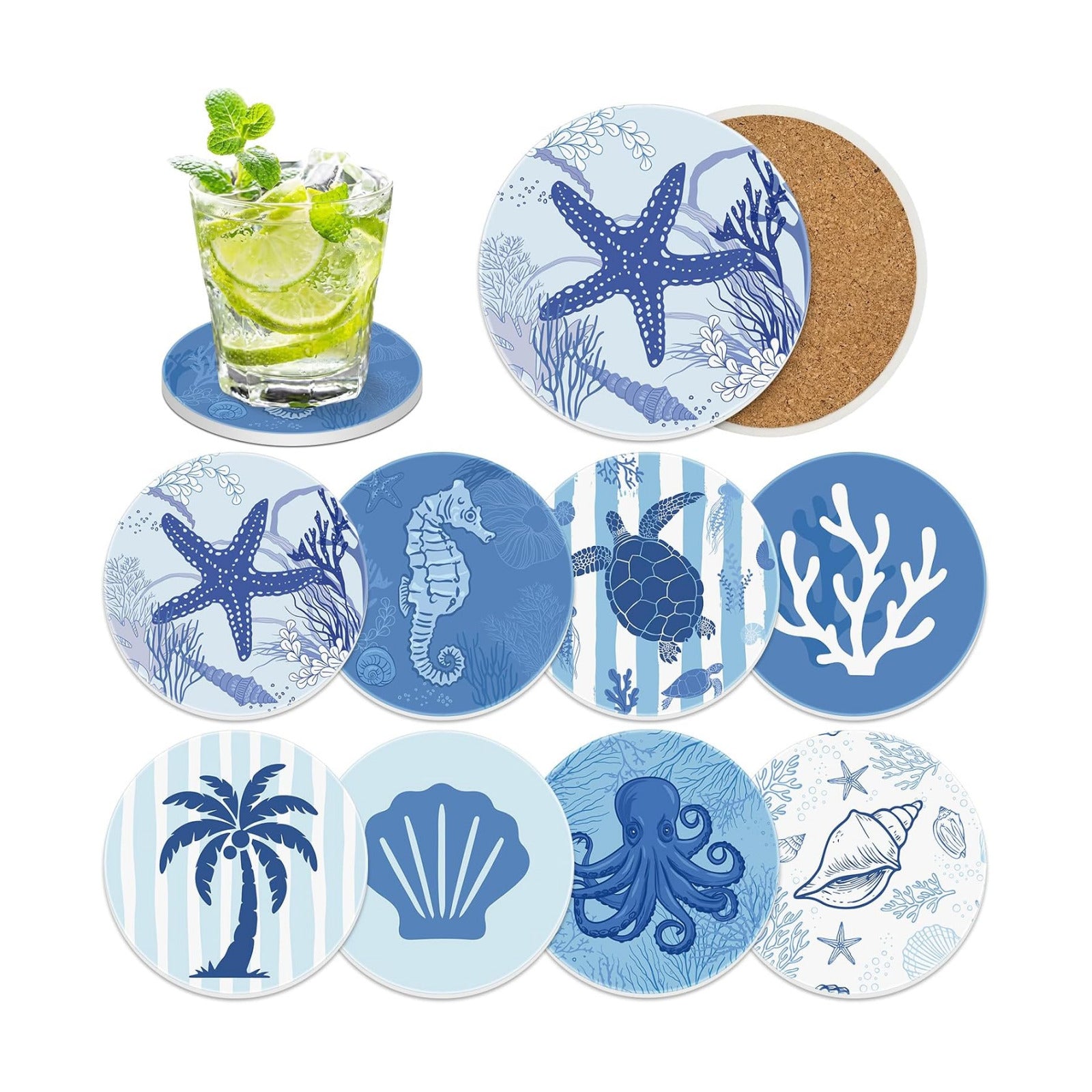 Coastal Coasters for Drinks Ceramic Stone Round Absorbent Coasters / Set of 8