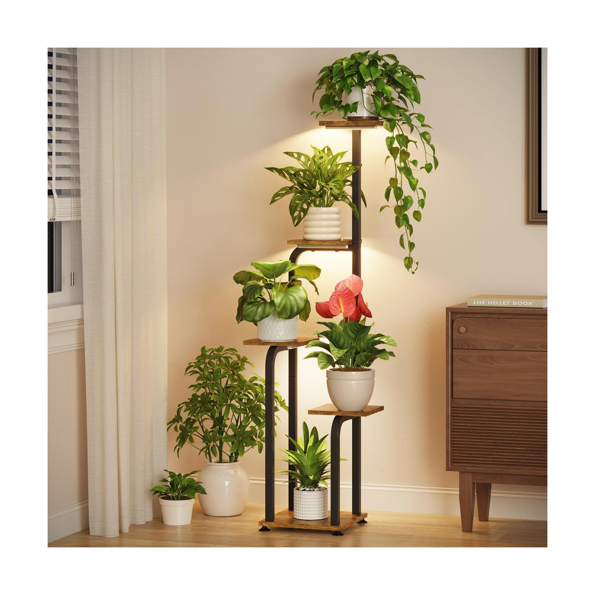 LASZOLA Plant Stand Shelf Tall for Indoor Corner with Lights, 5 Tier Brown | Modern Multiple Flower Display Rack with