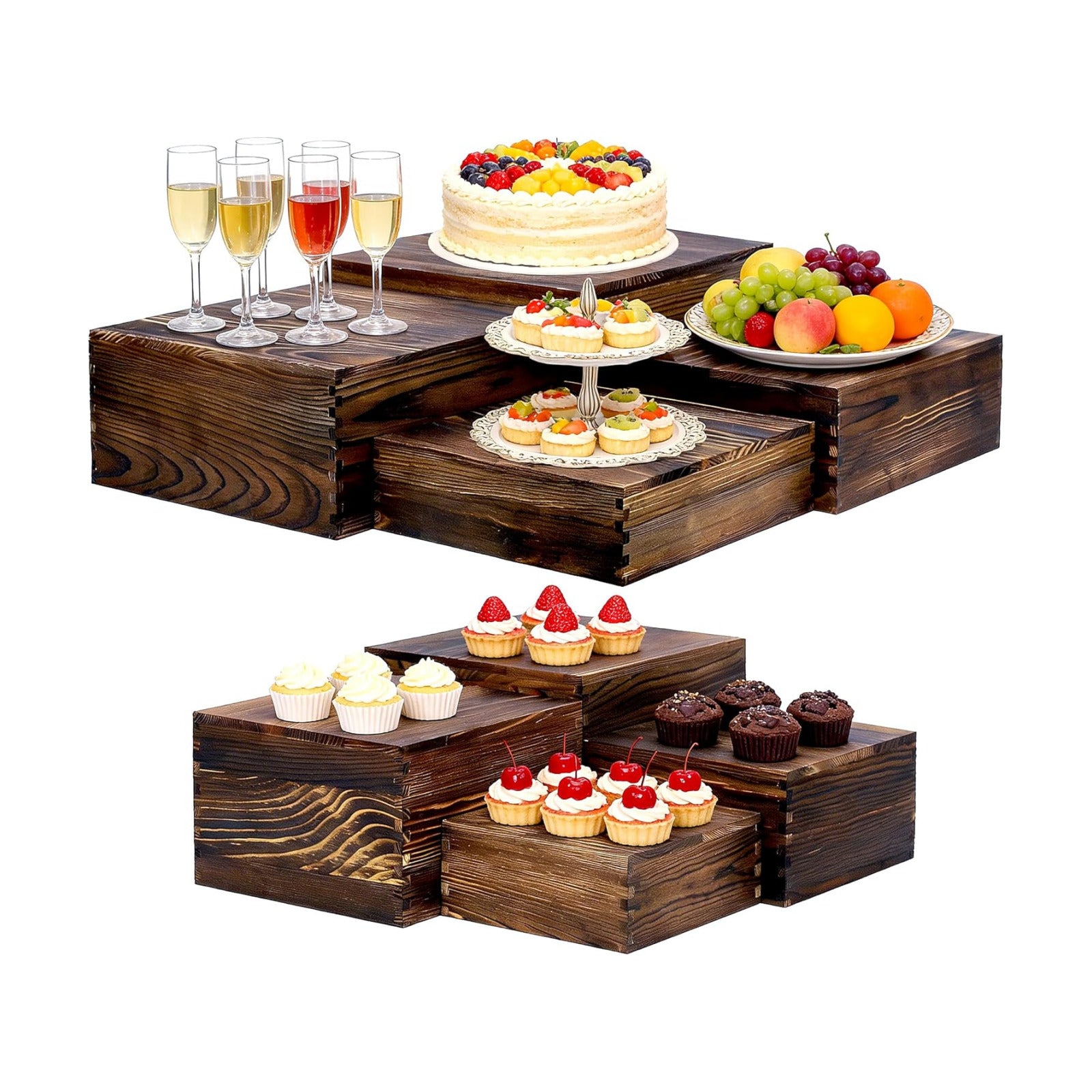 Wooden Buffet Risers Rustic Wood Cupcake Stand Catering Supplies Buffet Display / Brown / Set of 8