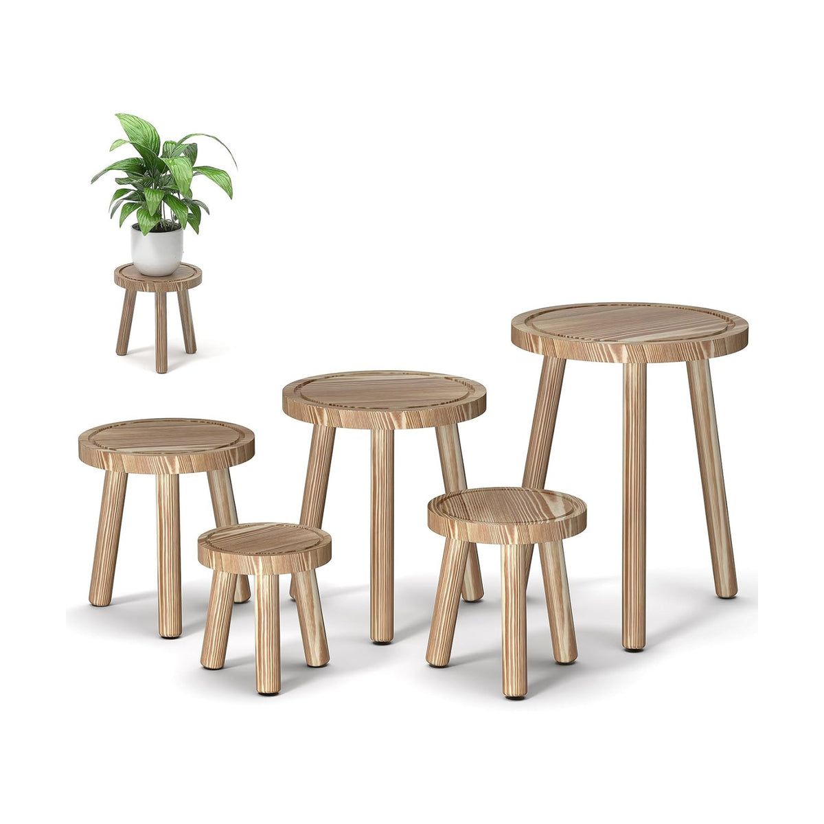 5-Pack Wood Plant Stands Indoor, Single Plant Stand for 6-12 Inch Pots, Mid-Century Modern Plant Stool, Tall Plant