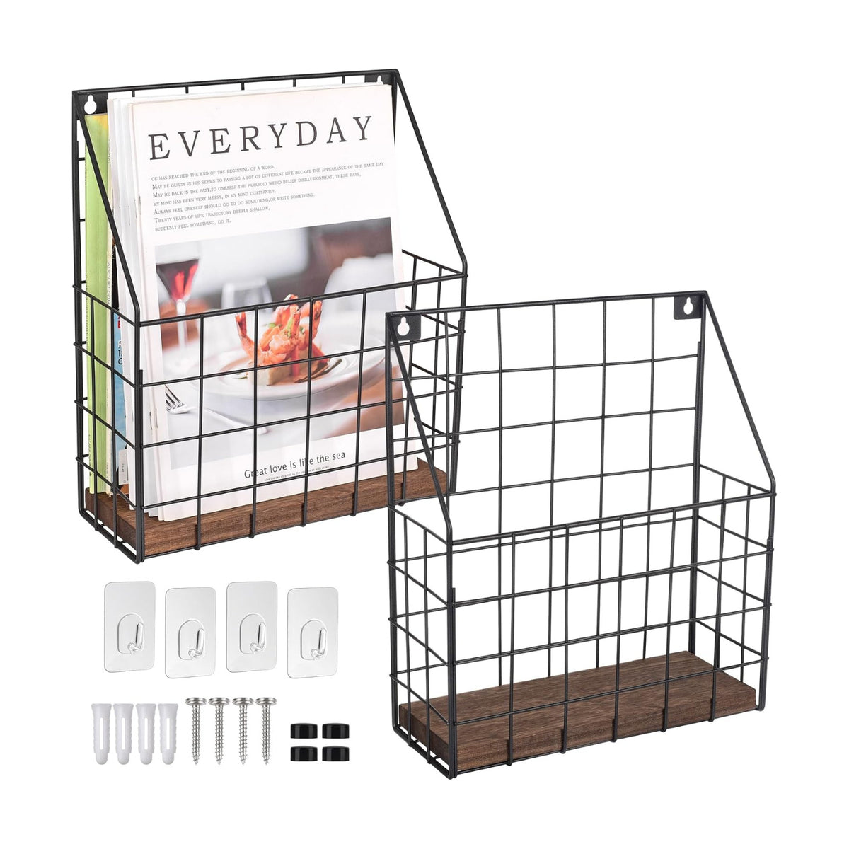 Mail Holder Magazine Basket - 2 Pack Black Wall Mount File Organizer Rack of Wooden Style with Adhesive Mounting