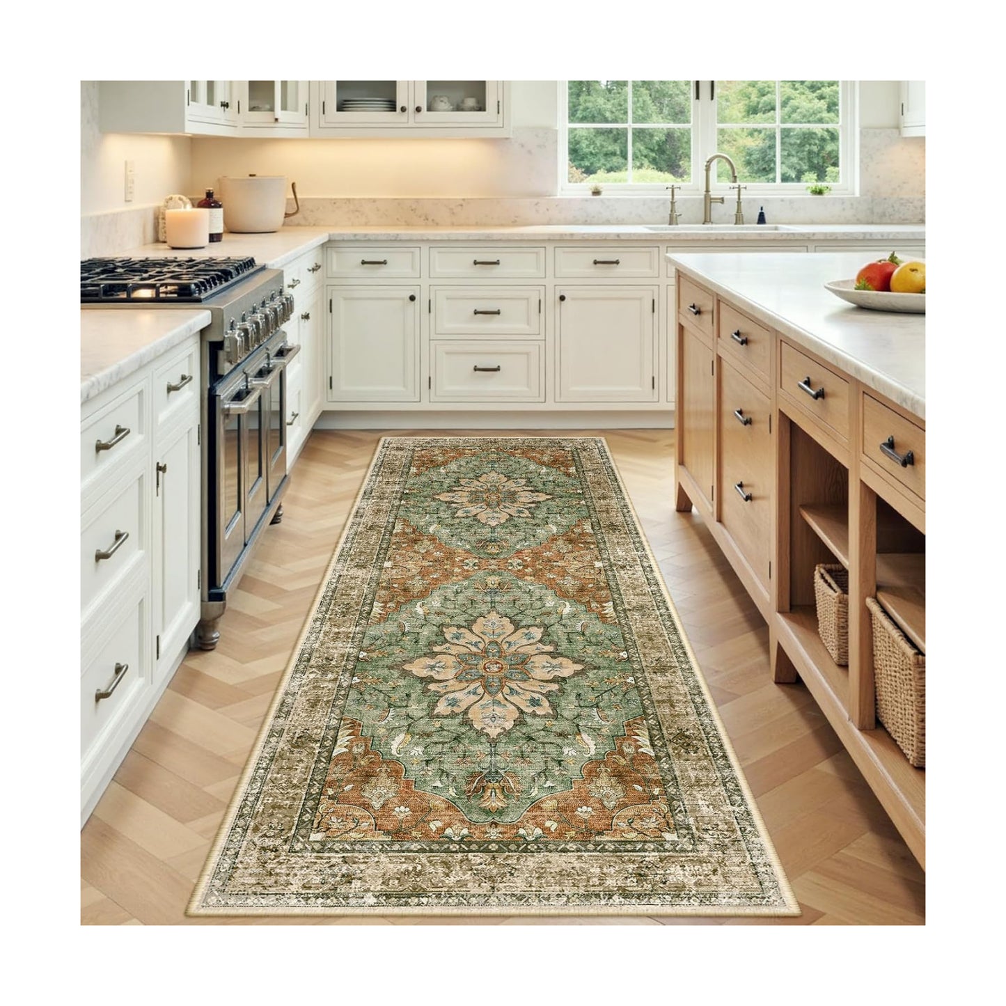 RELEANY Washable Area Rug, Runner 3'x6', Brick/Brown/Green