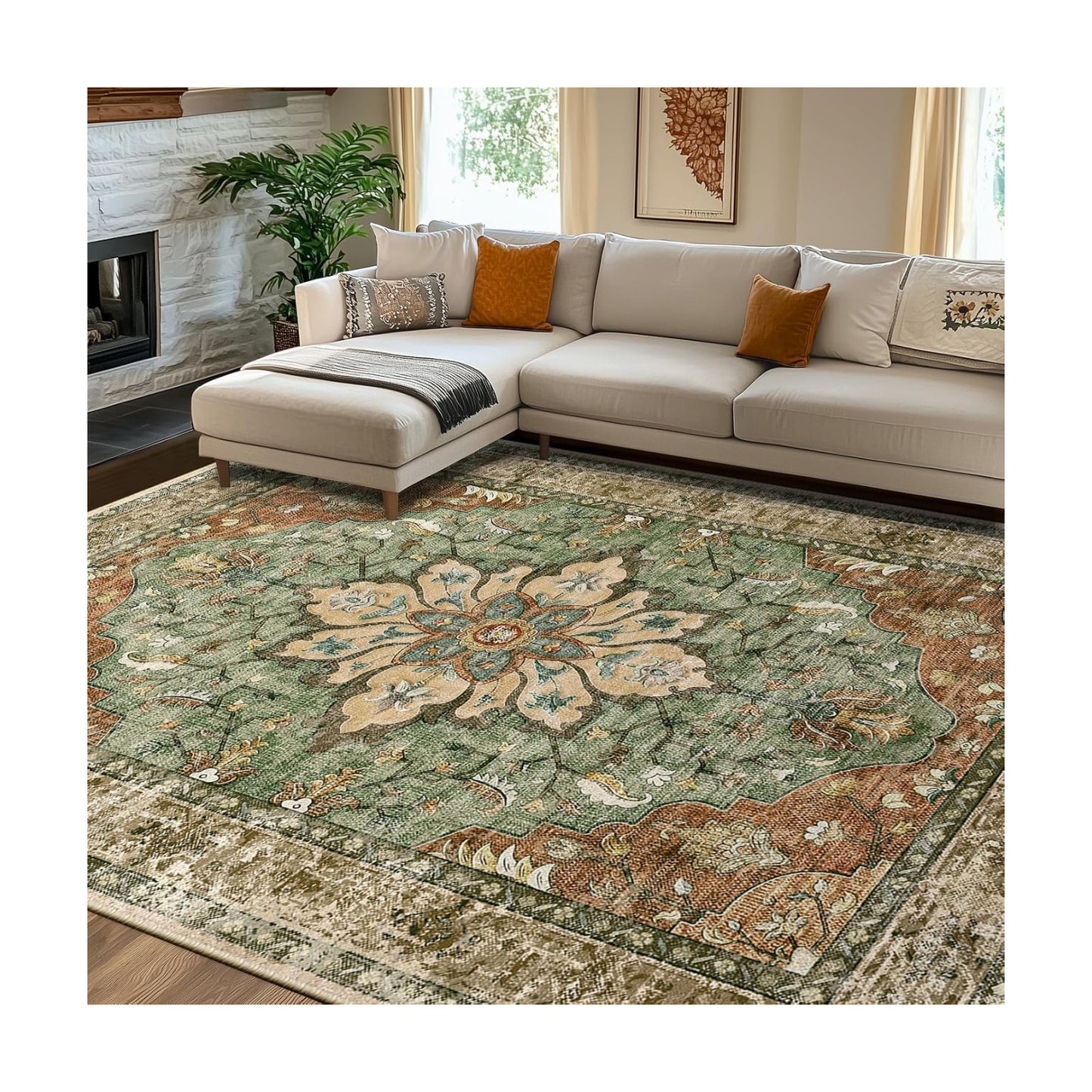 RELEANY Washable Area Rug, 7'x10', Brick/Brown/Green