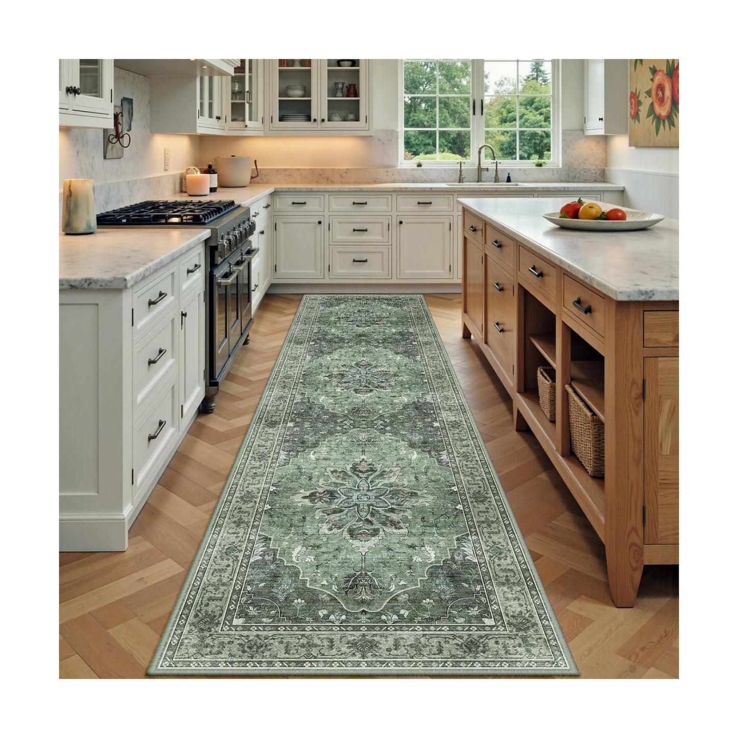 RELEANY Washable Area Rug, Runner 3'x7', Green/Dark Green/Gray