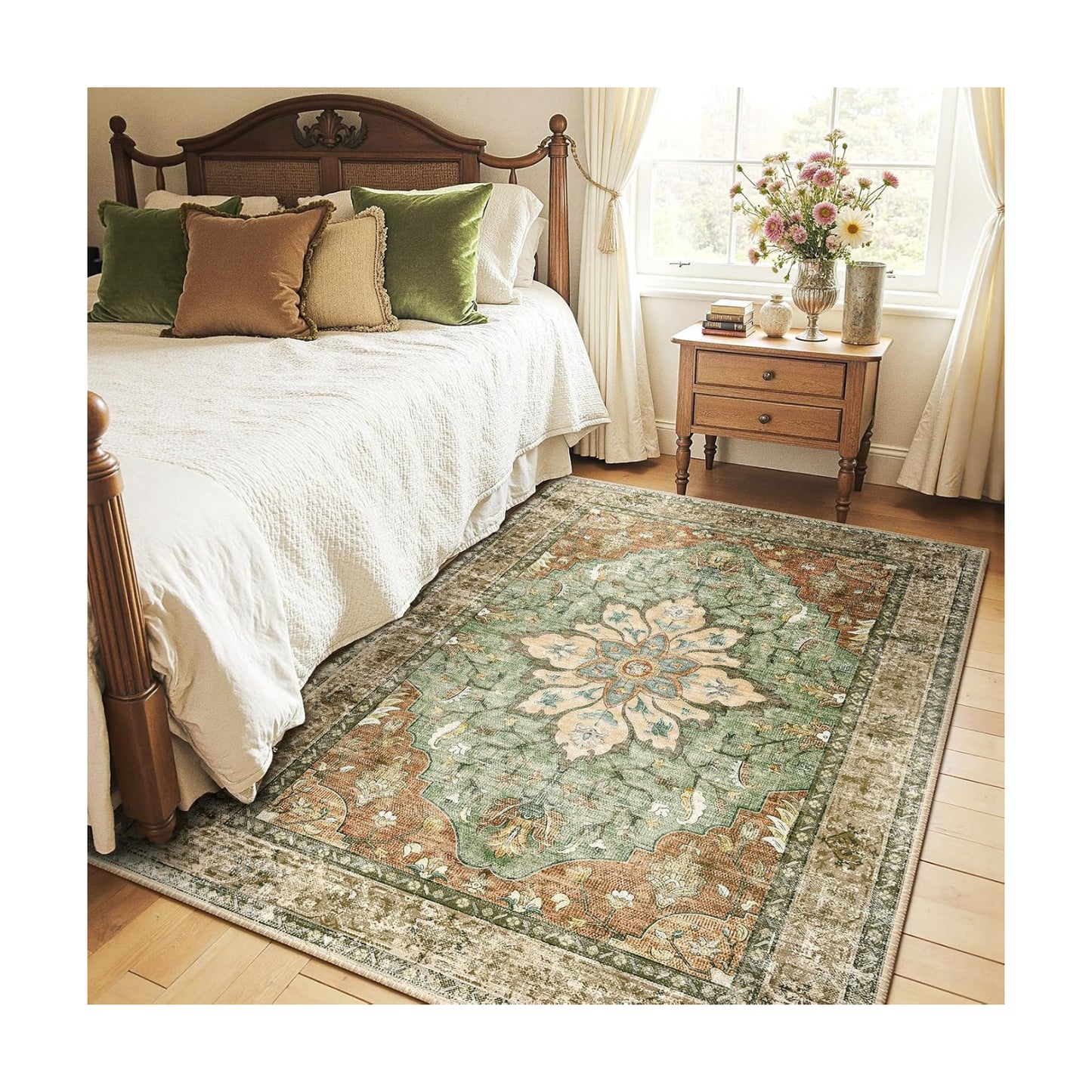 RELEANY Washable Area Rug, 4'x5', Brick/Brown/Green