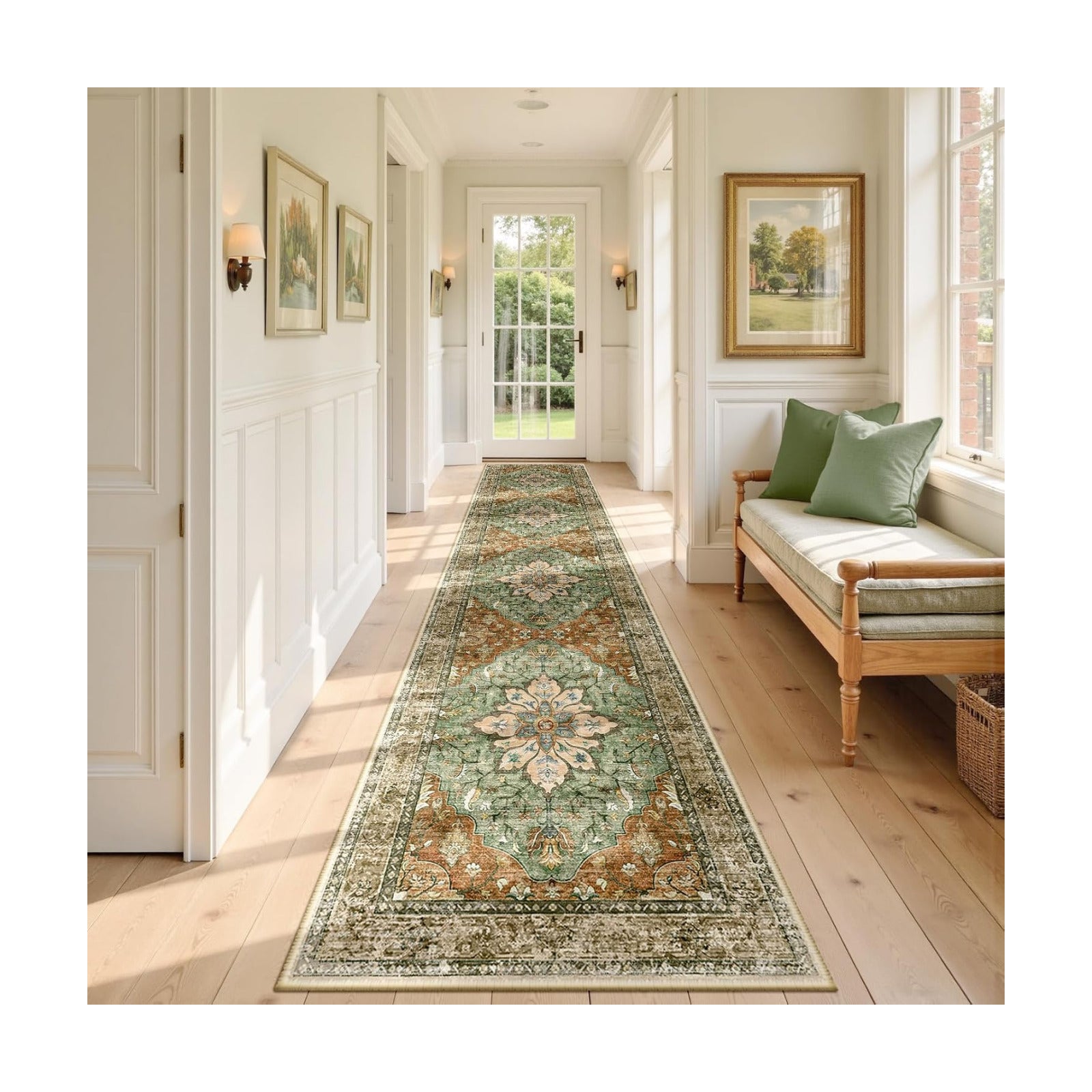 RELEANY Washable Area Rug, Runner 2'x9', Brick/Brown/Green