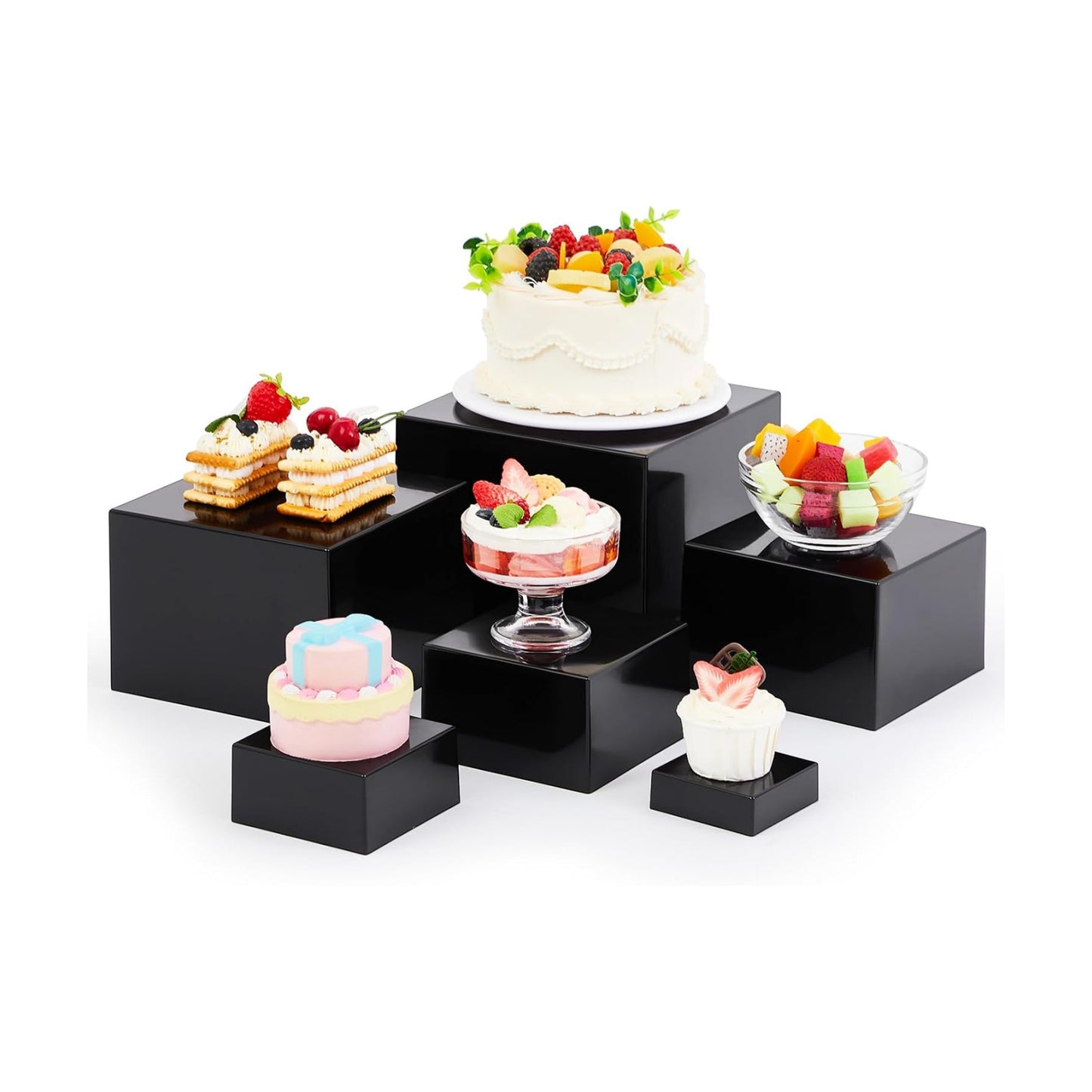 Acrylic Buffet Risers Stands for Food Display Cubes Box / Black / 3 To 8 Inch / Square / 8 Inch