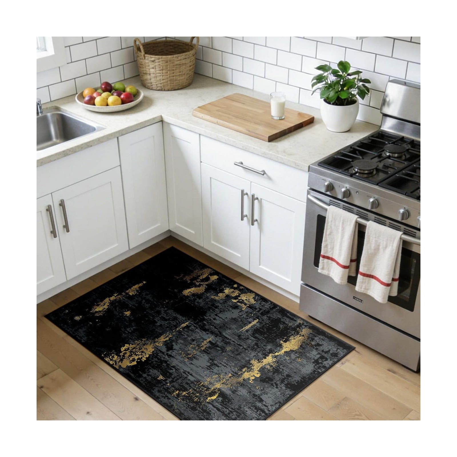 RELEANY Washable 3'x4' Abstract Area Rug for Living Room Black Gold