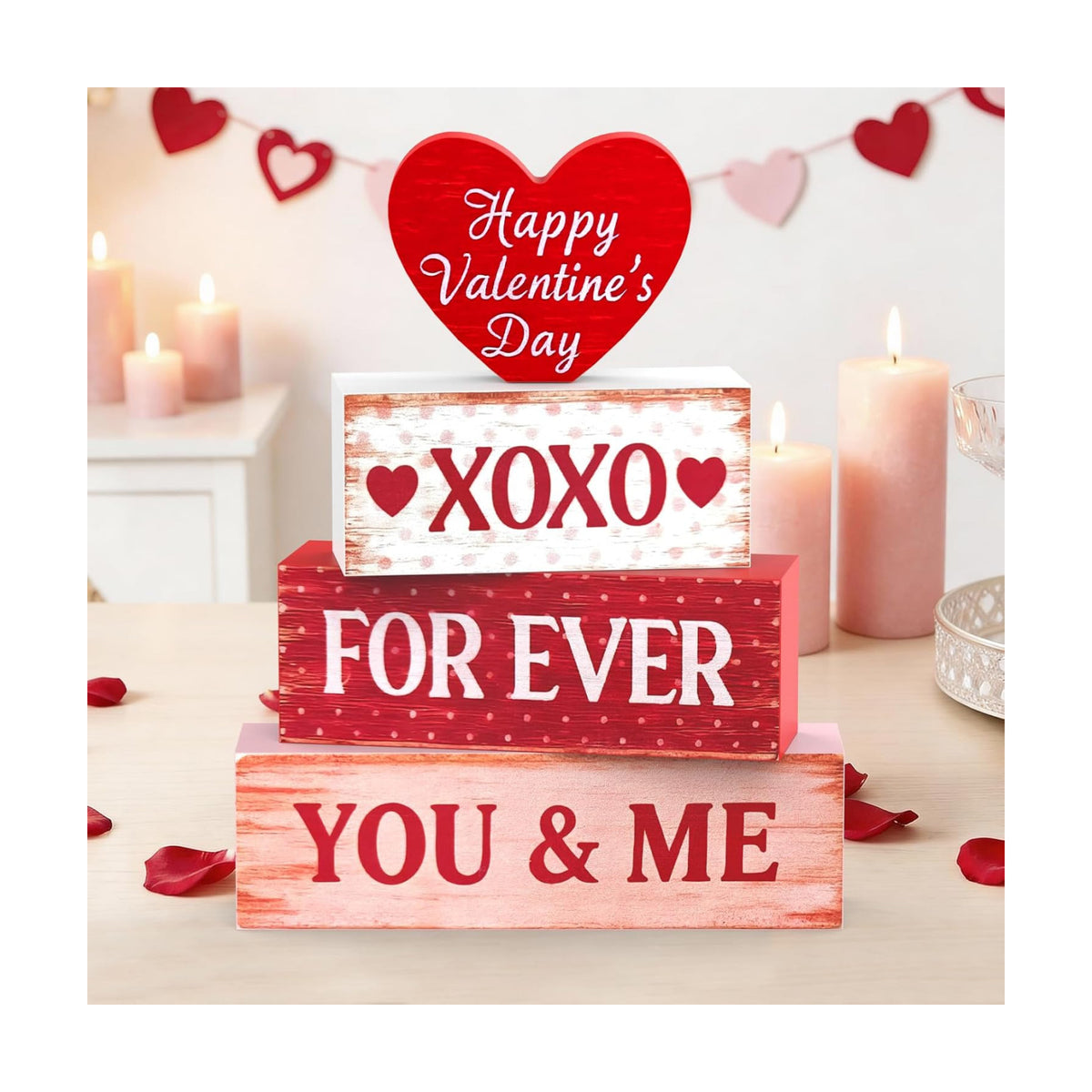 OLANRUN Valentines Day Decorations - 4 Pack Wooden Block Heart Set Signs Valentines Day Table Decor - 7.8 Inch Valentine's Decorations for Home Office Bedroom Tiered Tray Fireplace Mantel