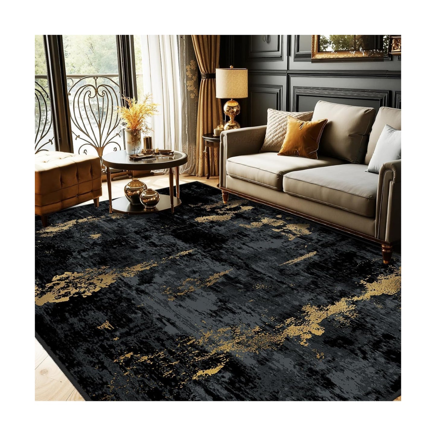 RELEANY Washable 7'x10' Abstract Area Rug for Living Room Black Gold