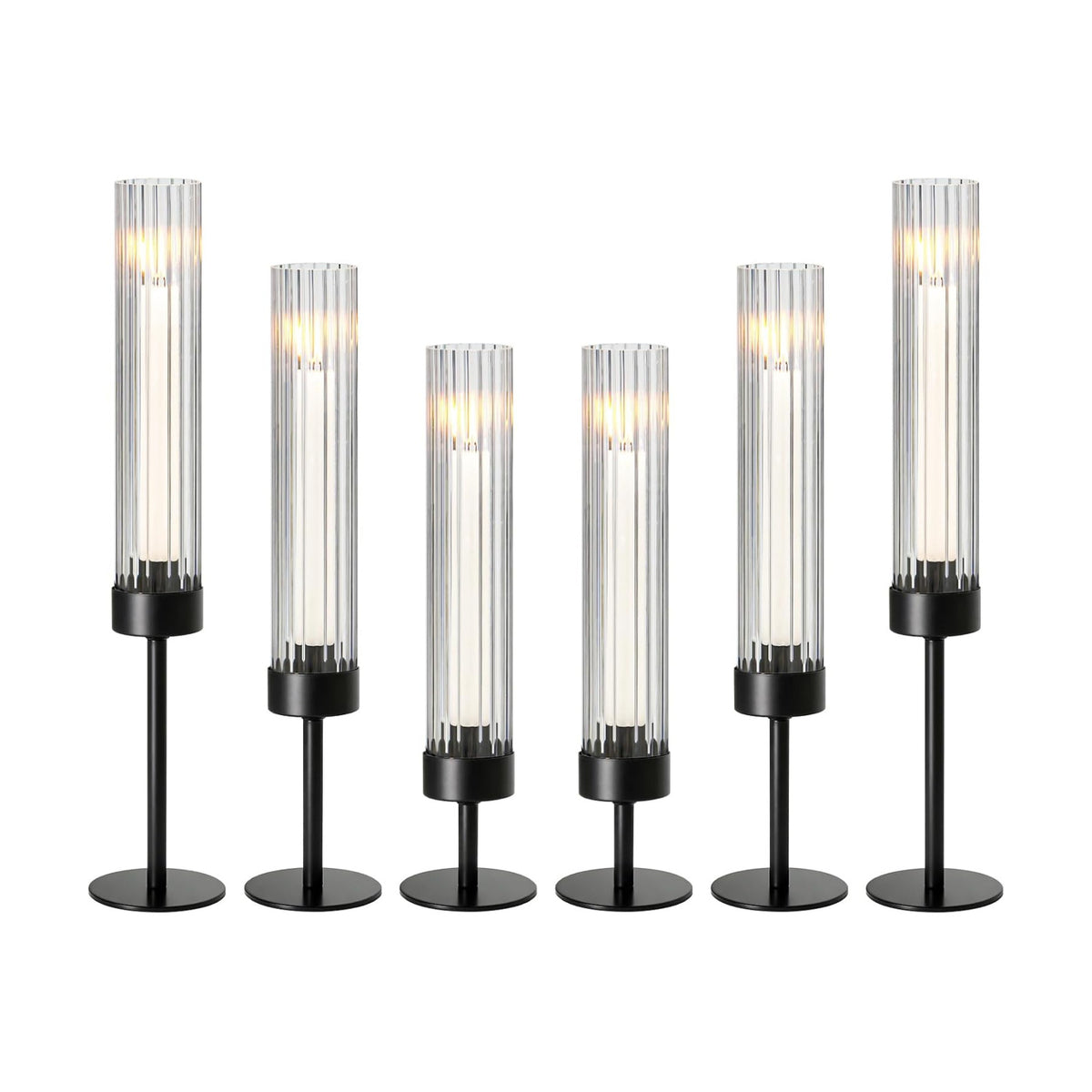 Metal & Acrylic Taper Candle Holders with Ribbed Design - Hurricane Clear Cylinder Candelabra for Wedding, Christmas