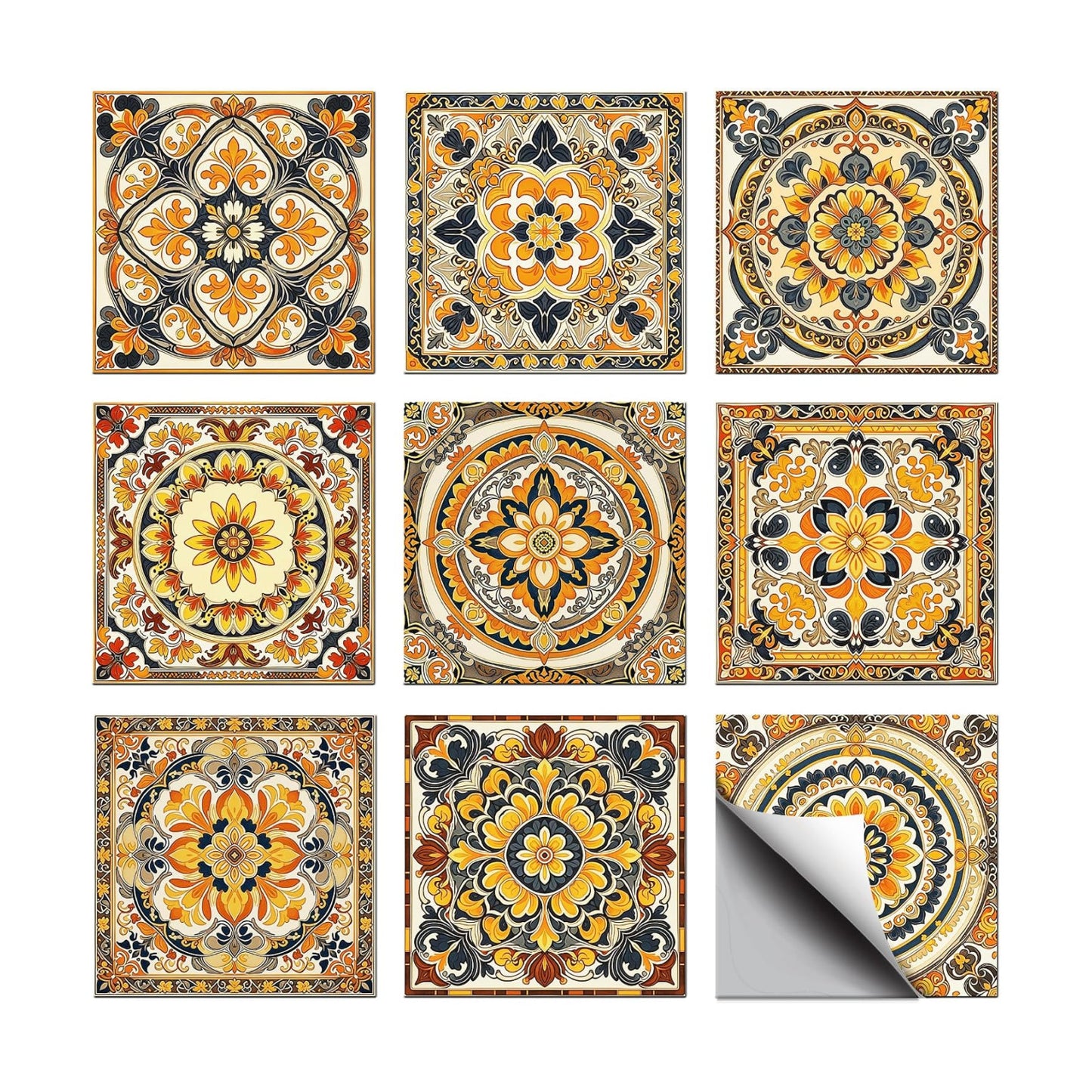 9 Style Peel and Stick Wall Tile Sticker Vintage Brownish- Wall / Mandala Pattern / Red / Set of 36