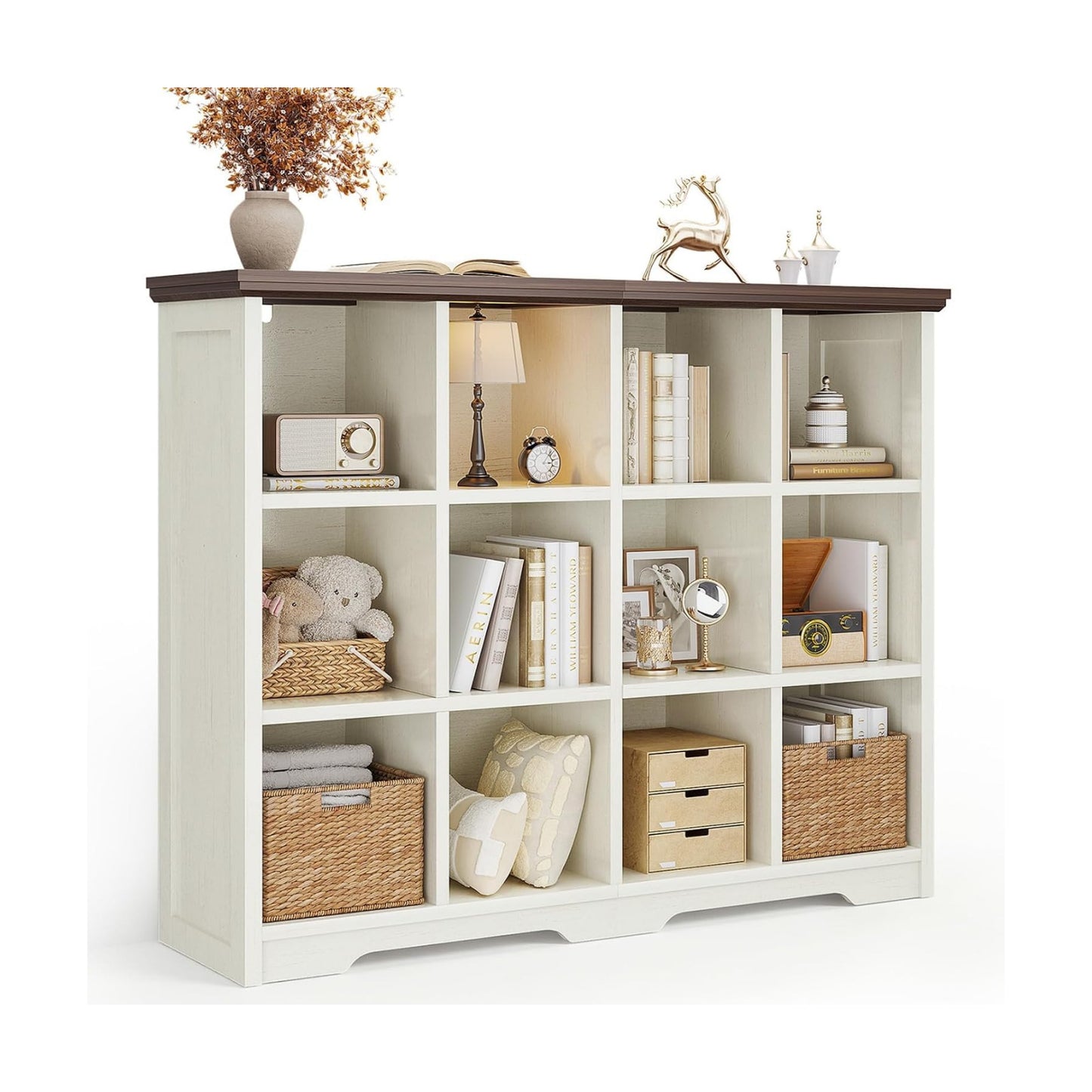 OffiGo 12 Cube Organizer Bookcase, Cube Shelf with Storage, Walnut + White