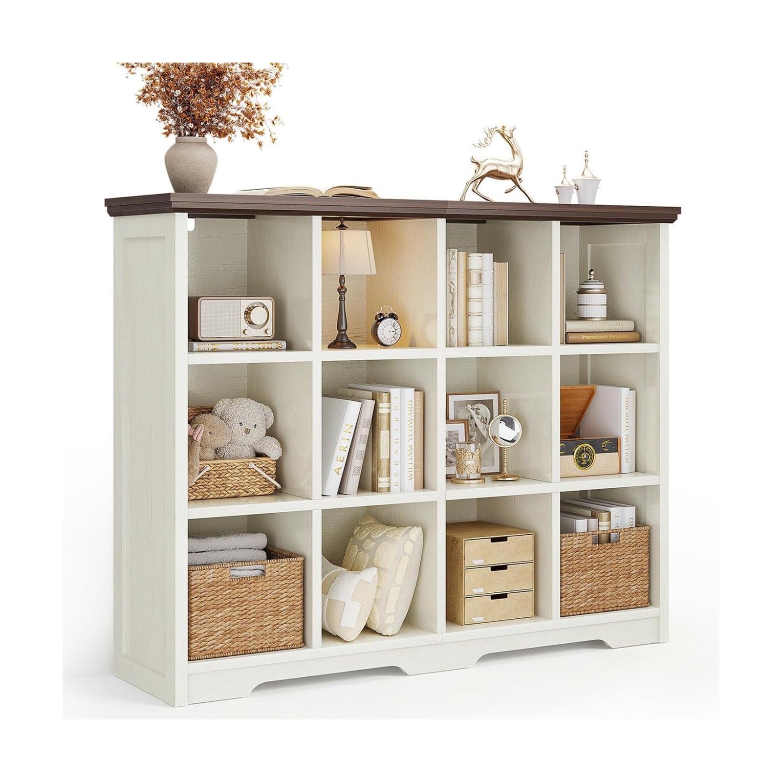 OffiGo 12 Cube Organizer Bookcase, Cube Shelf with Storage, Walnut + White