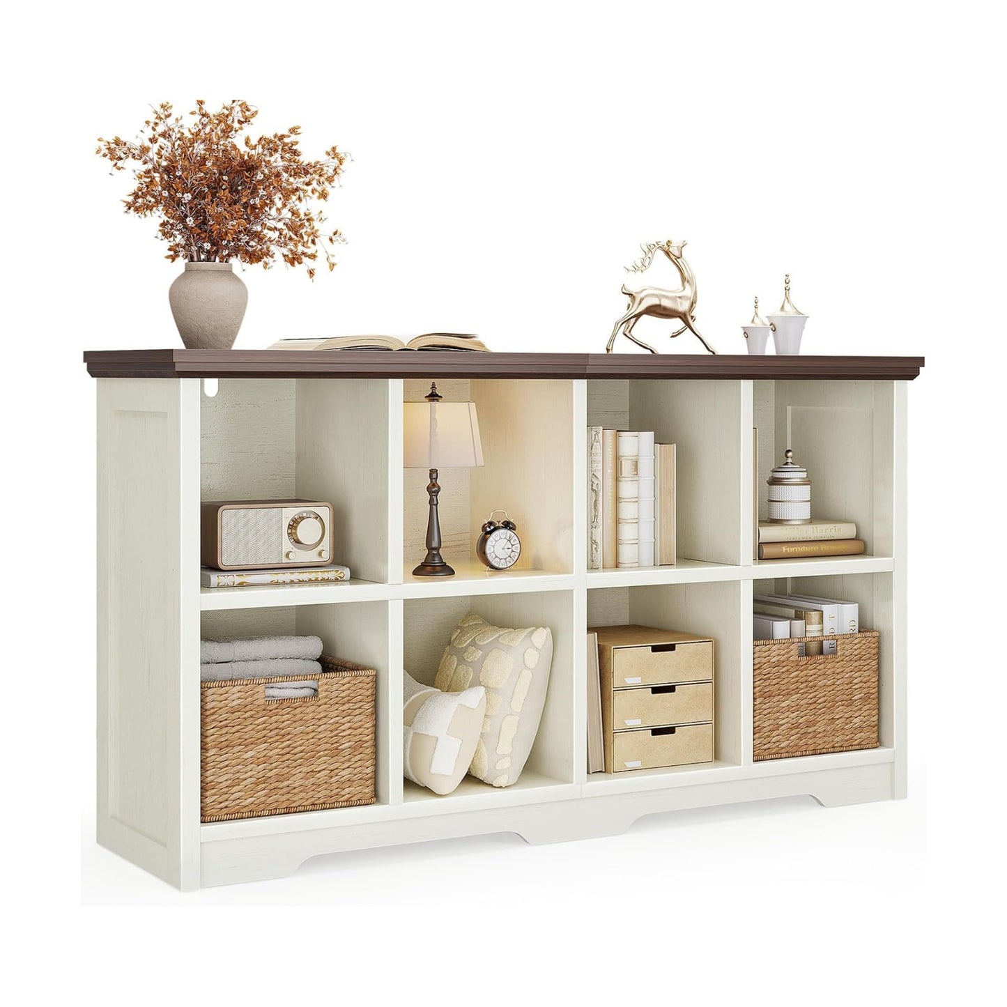 OffiGo 8 Cube Organizer Bookcase, Cube Shelf with Storage, Walnut + White
