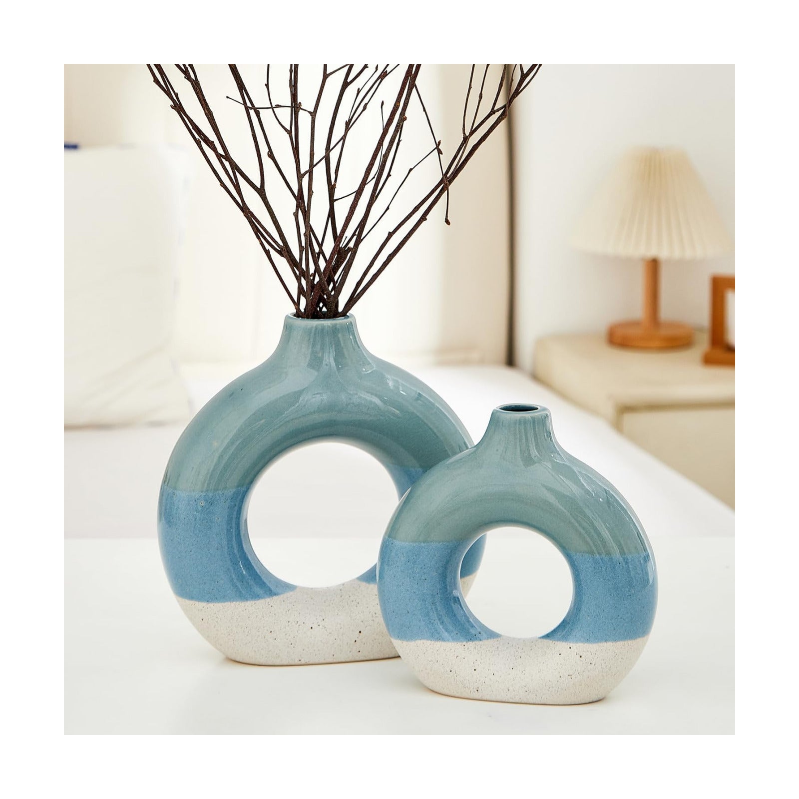 Decorative Ceramic Flower Vase / Donut Vase-blue-2 Sets / Set of 2