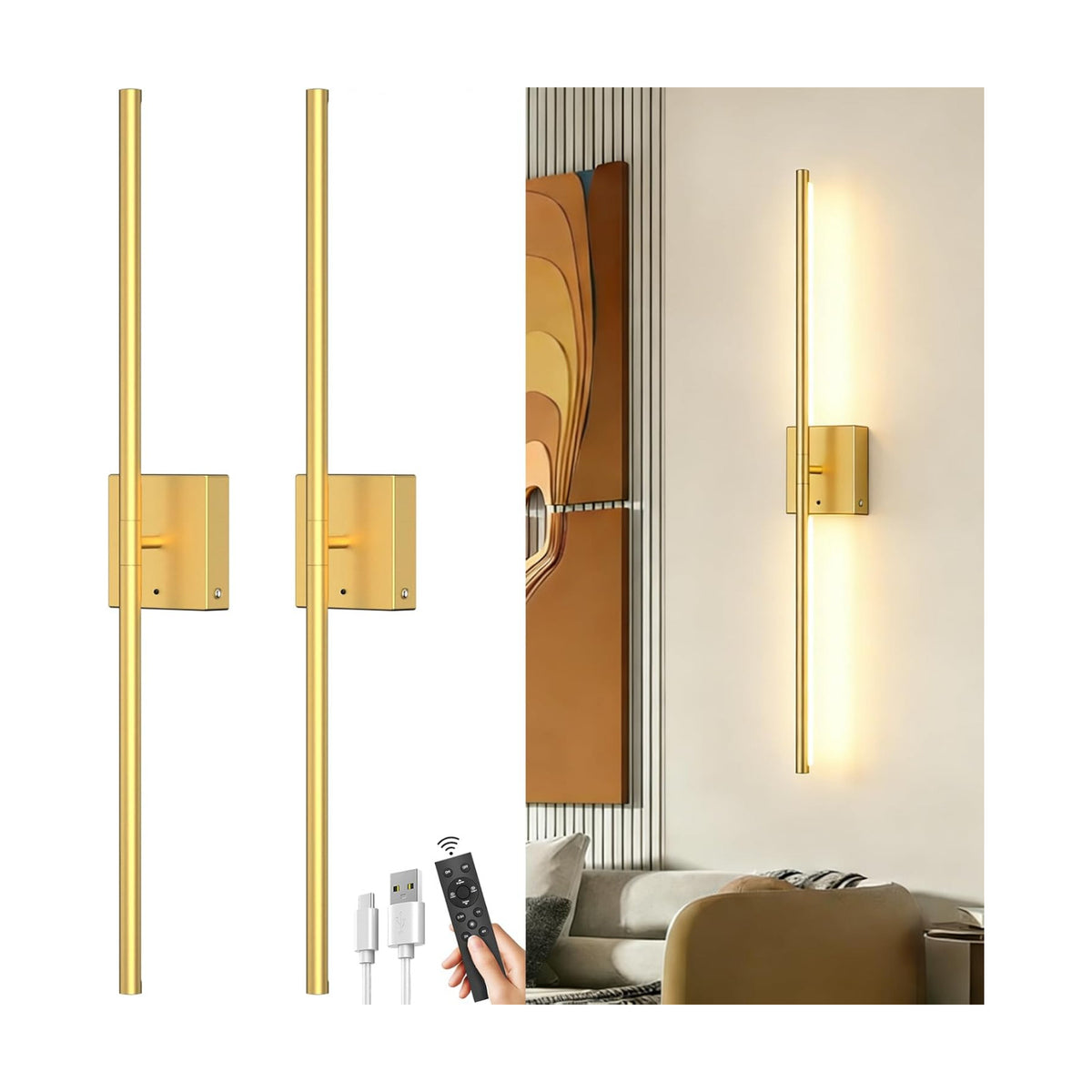 Battery Powered Wall Sconce Set of Two: Gold Wireless Rechargeable Wall Lights with Touch and Remote Control