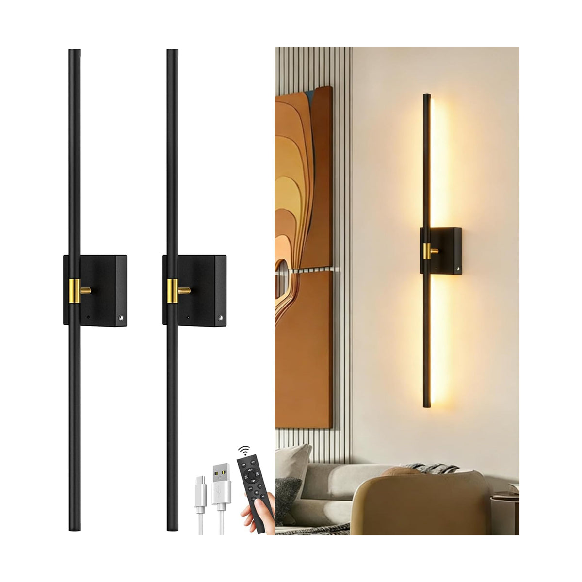 Battery Operated Wall Sconces Set of 2: 10000mAh Rechargeable Wireless Wall Lights, 360° Rotatable Magnetic Wall Lamp