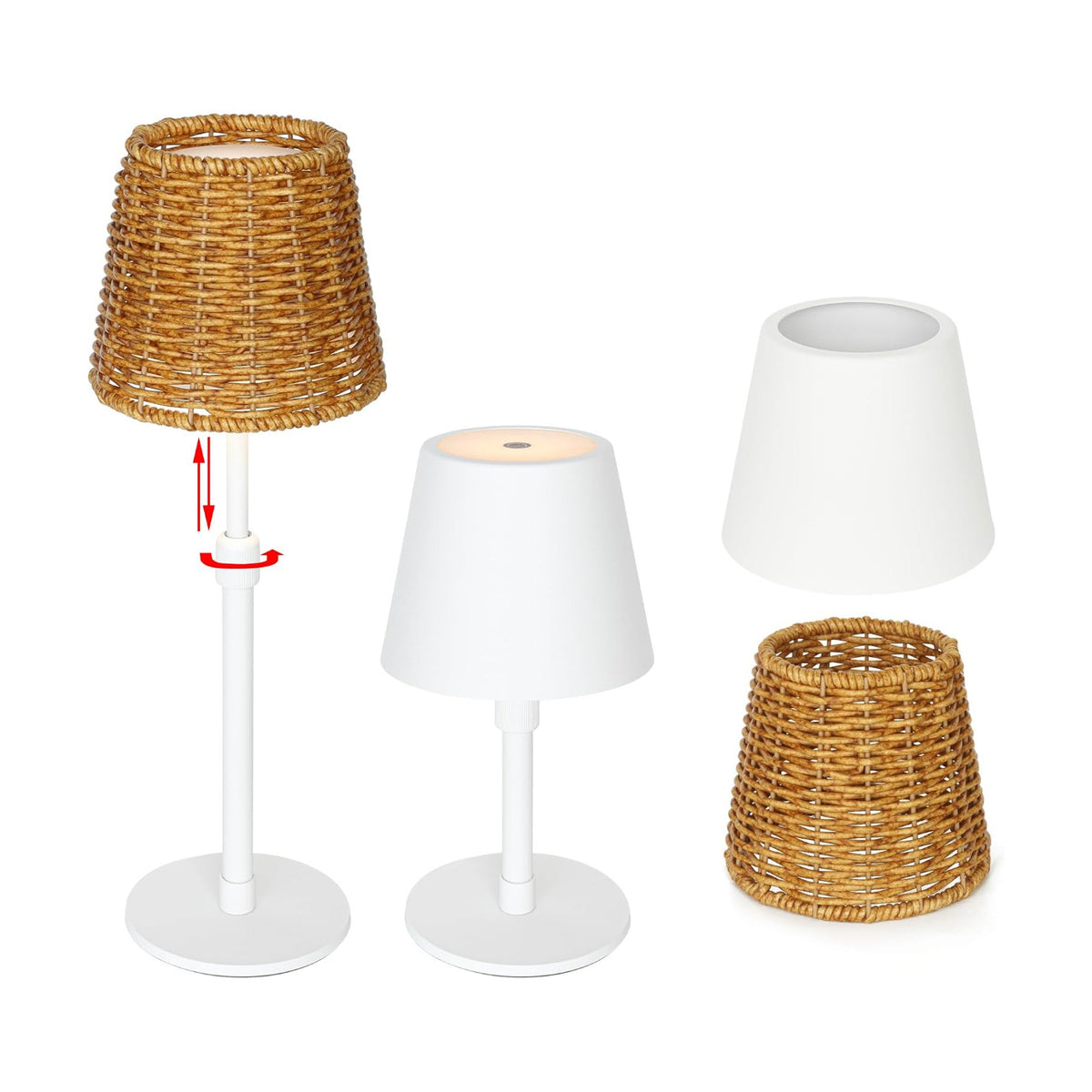 Mr.White Outdoor Waterproof Rechargeable Cordless Table Lamp with Telescopic Pole & Wicker Shade, 5200mAh Battery
