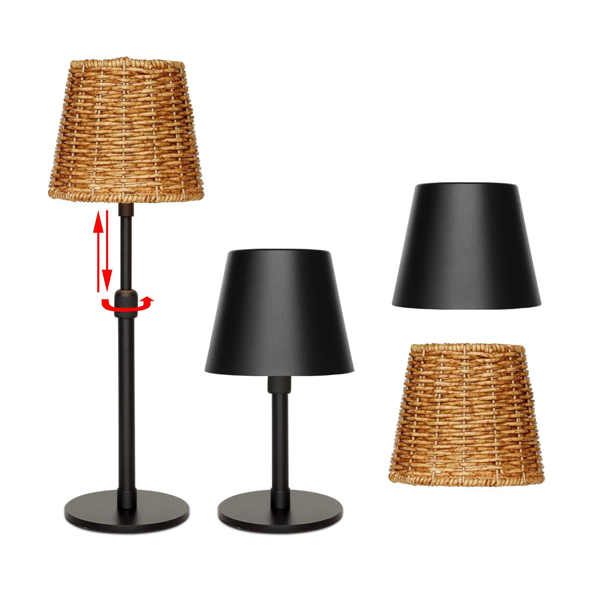 Mr.White Outdoor Waterproof Rechargeable Cordless Table Lamp with Telescopic Pole & Wicker Shade, 5200mAh Battery