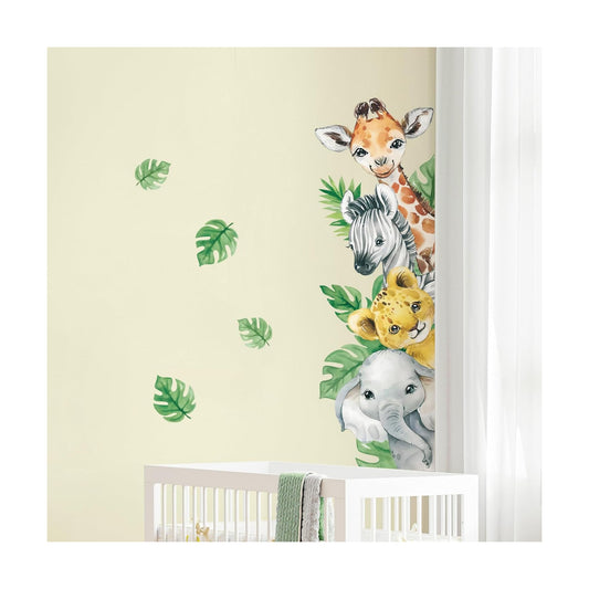 in Watercolor Jungle Animal Wall Decals Cartoon Animal / Vertical4 Animals Right / Green / 45 x 23