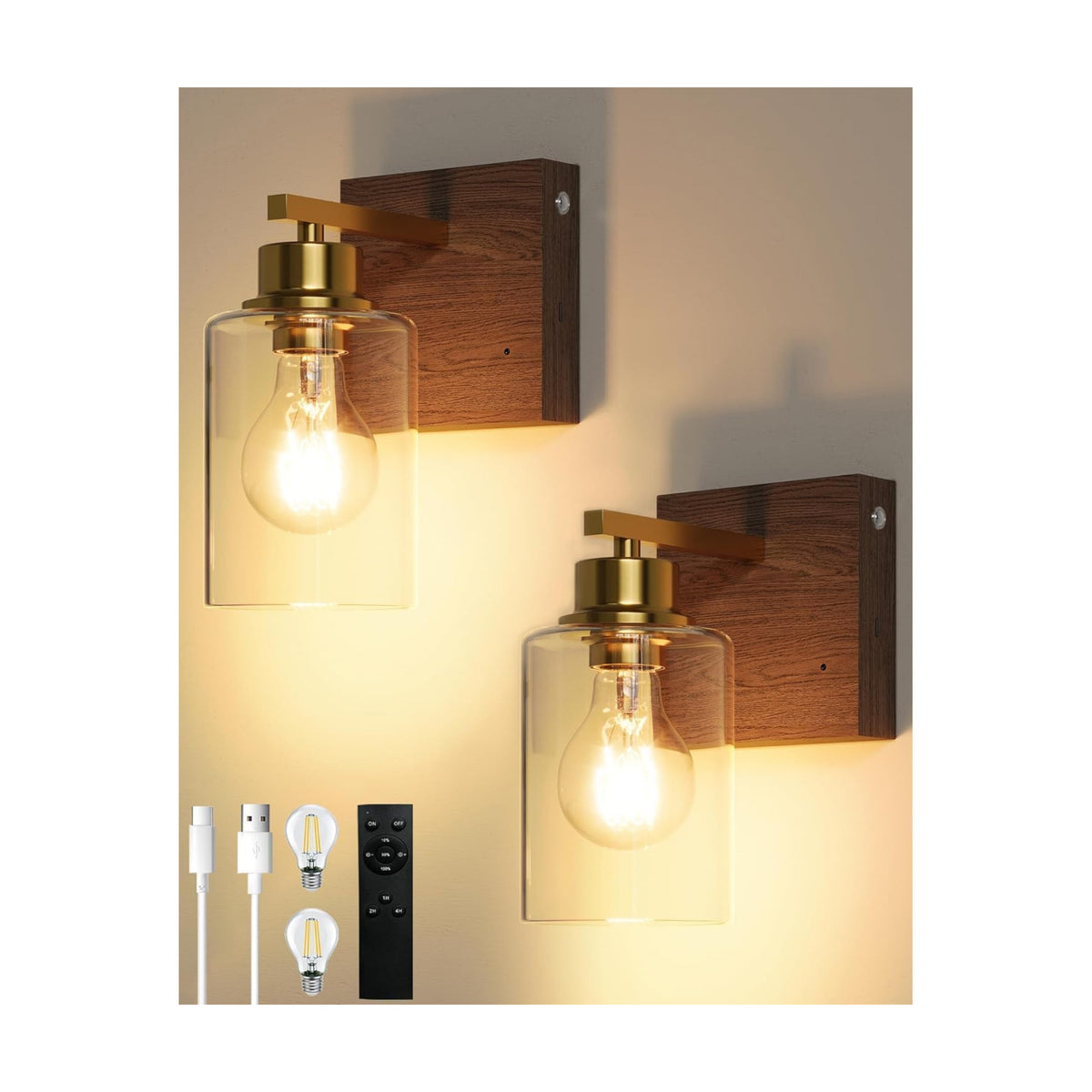Rayogale Wireless Battery Operated Wall Sconce Set of 2 with Remote Control | Gold & Walnut Dimmable Rechargeable Wall