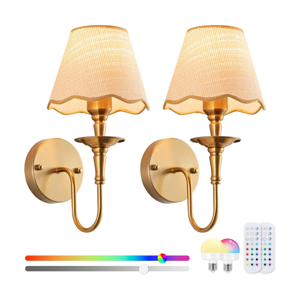 Battery Operated Wall Sconces Set of 2, Rattan Shade Wireless Wall Sconces, RGB Rechargeable Dimmable, Brass-Color